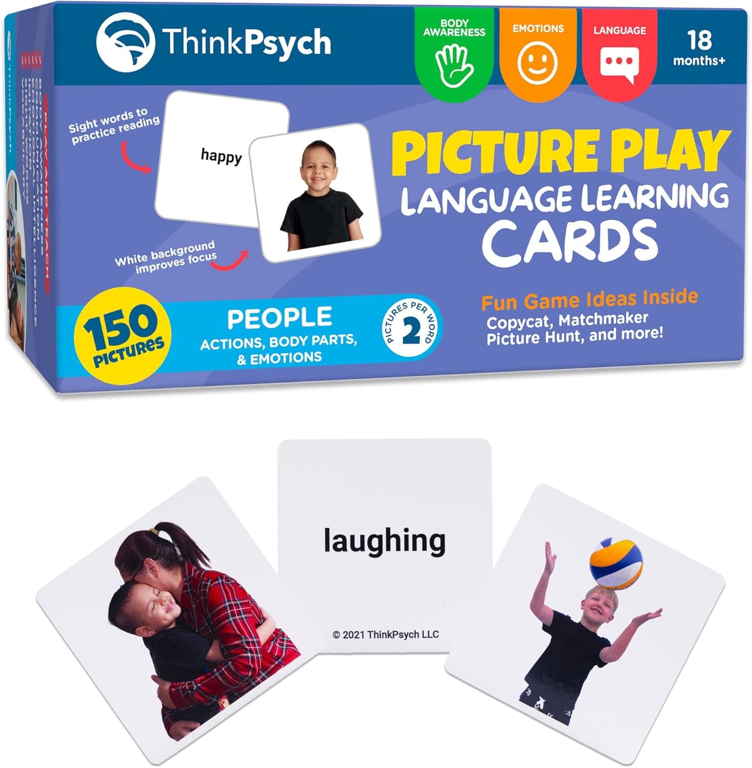 ThinkPsych Thick & Durable Flashcards for Toddlers 3-5 Years - 150 Body Parts, Emotions, and Verbs - Picture Cards for Speech Therapy Materials & Autism Learning Materials - Body Parts for Toddlers