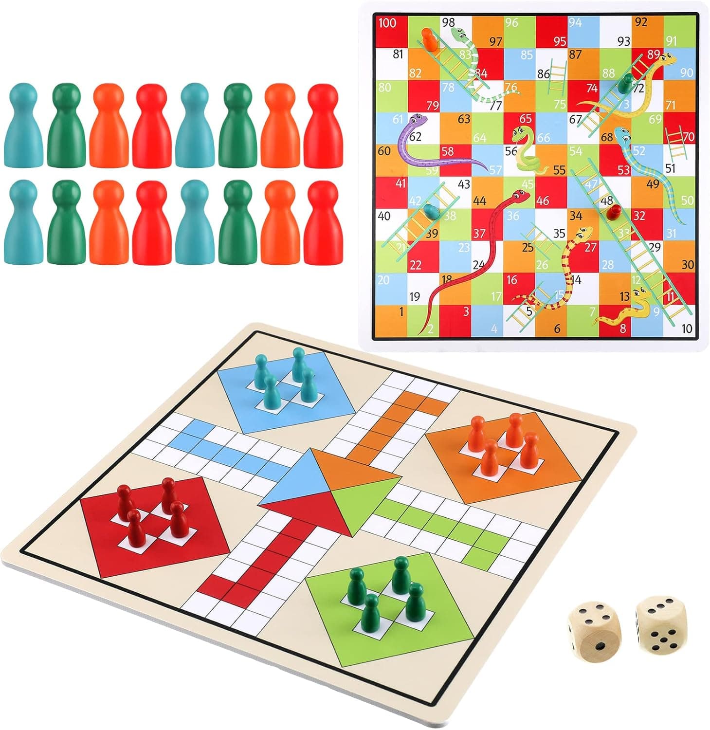2 in 1 Snakes and Ladders, Ludo Game Set, 12 x 12 Inch Ludo Board Game 2-4 Players Family Dice Games Set Classic Double Sided Game Board for Adults and Teens, with 2 Wooden Dices and 16 Game Pieces