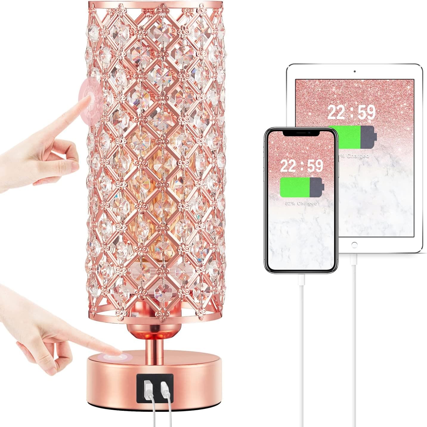 Hong-in Crystal Table Lamp, Rose Gold Lamp with USB C+A Ports, 3 Way Dimmable Light with Crystal Lampshade, Bedside Lamp Small Touch Light for Living Room Bedroom Home, Charge Phone (Bulb Included)