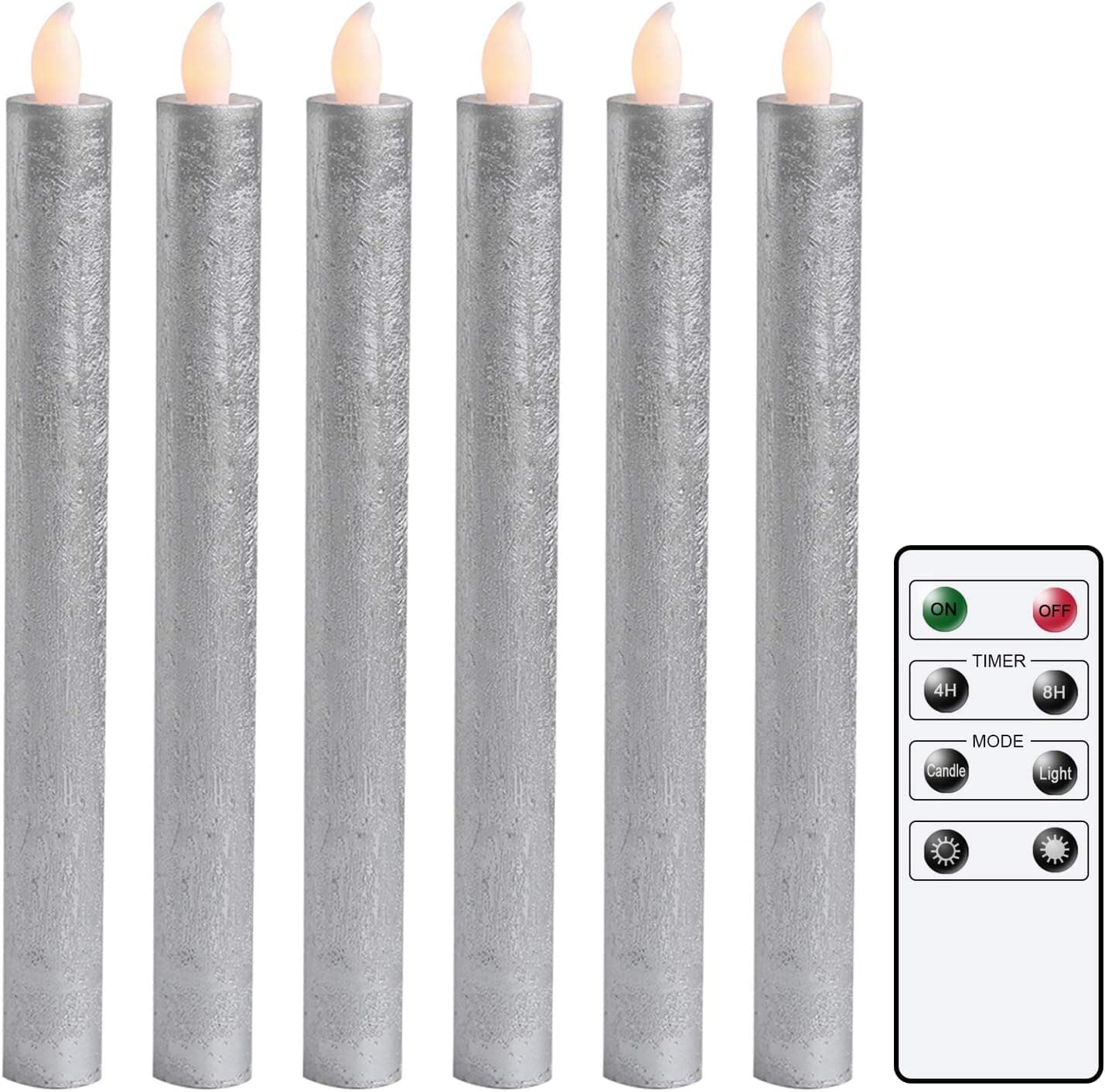Wondise Flickering Flameless Taper Candles with Remote and Timer, Battery Operated Silver Real Wax Flameless LED Taper Candles Warm Light Christmas Decoration(Set of 6, 0.78" x 9.64”)