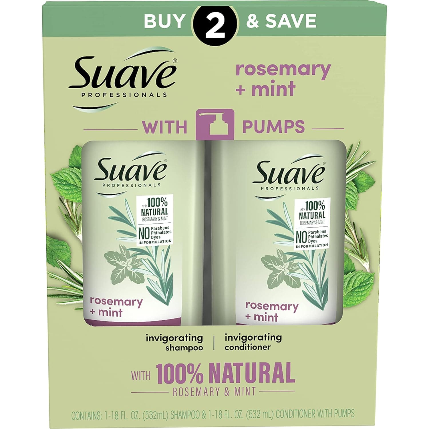Suave Professionals Rosemary and Mint Invigorating Shampoo and Conditioner Paraben free and Dye free for Dry and Damaged Hair 18 oz, 2 Count