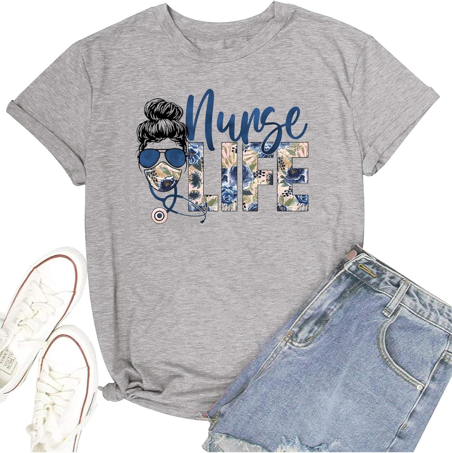 TSIIUO Women's Nurse T-Shirt Funny Nurse Life Floral Graphic Prints Short Sleeve Tees Casual Tops