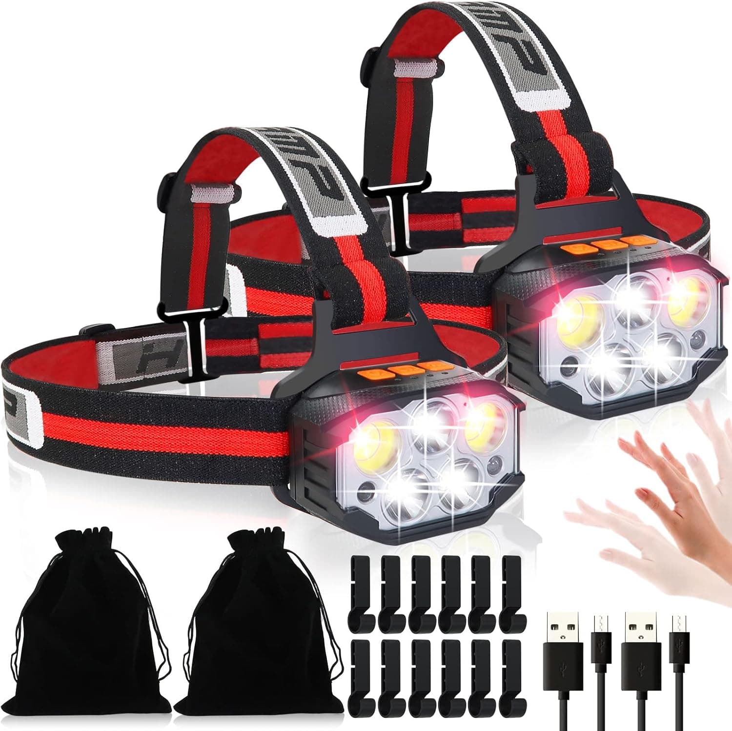 PSDRIQQ LED Rechargeable Headlamp Flashlight 1100lm Bright Sensor Head Lamp Headlight with Red Light Waterproof for Running Hiking Hardhat - 2 Pack