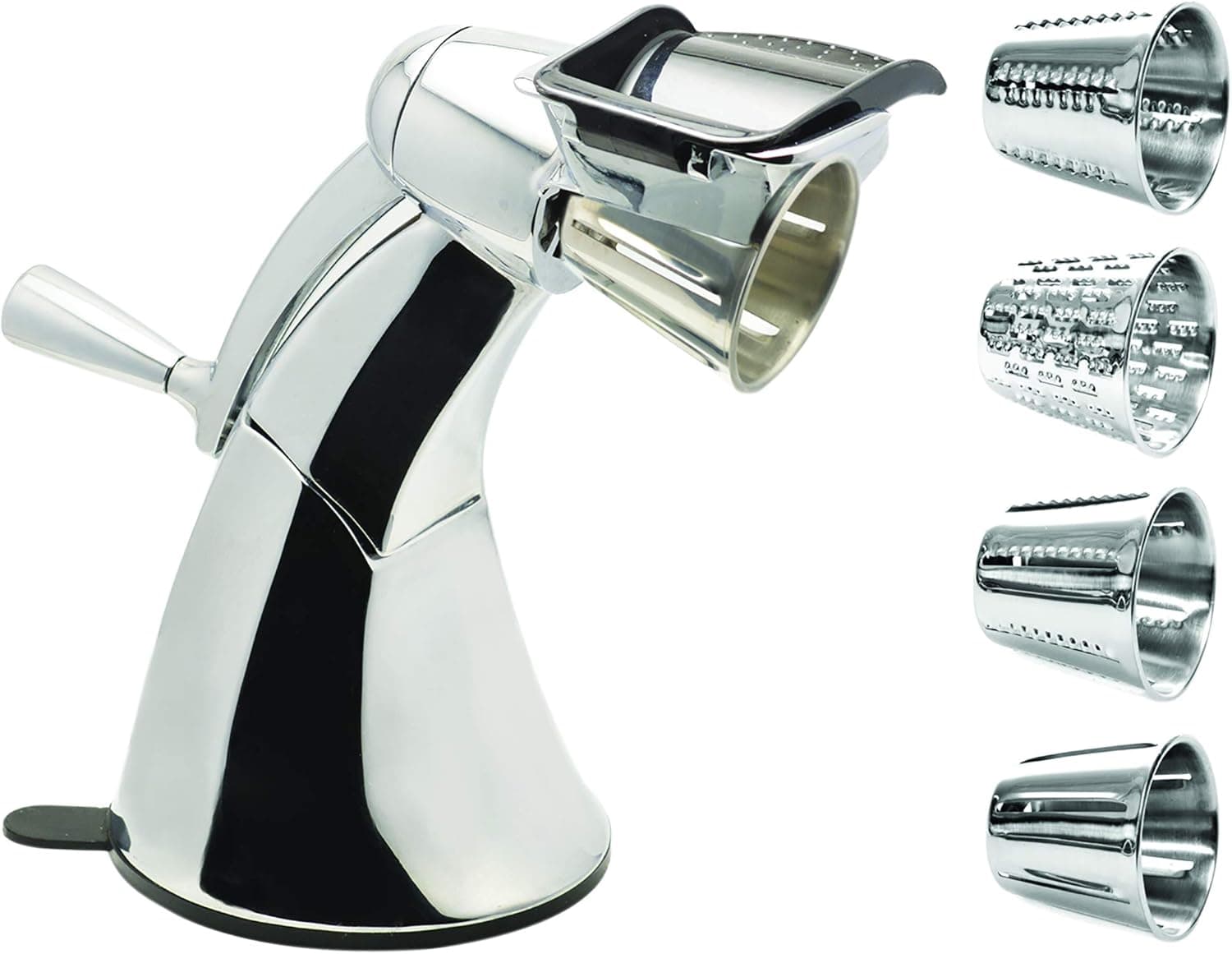 360 Cookware Kitchen Cutter for Vegetable Grating, Slicing, Fine Shredding, Waffle Cut and Cheese Grating. Counter Top Suction. Easy to Clean. 5 Stainless Steel Cones Included
