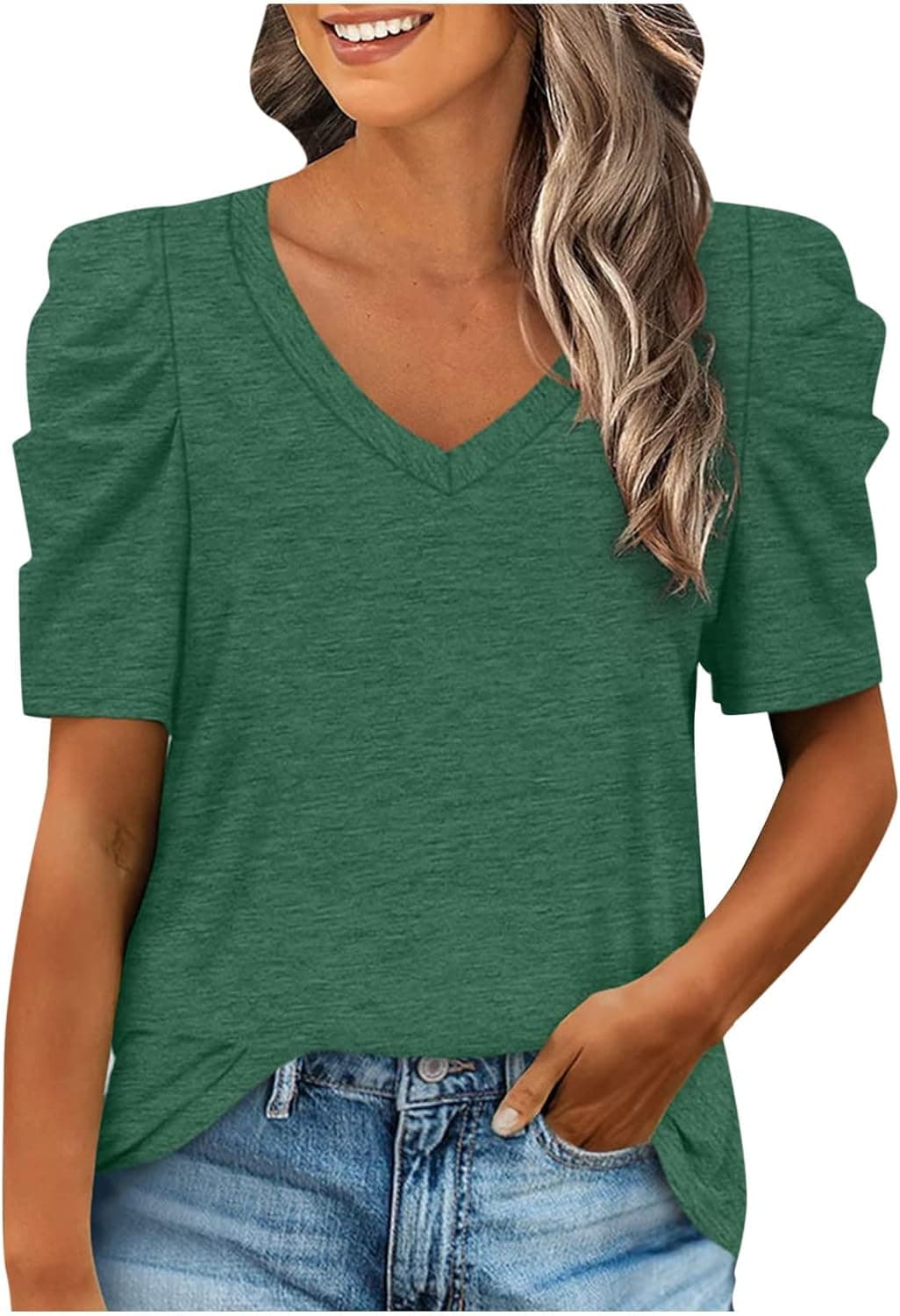 Womens Summer Tops Puff Short Sleeve T-Shirt Casual V Neck Blouses Loose Fit Ladies Shirt Basic Solid Color Tees