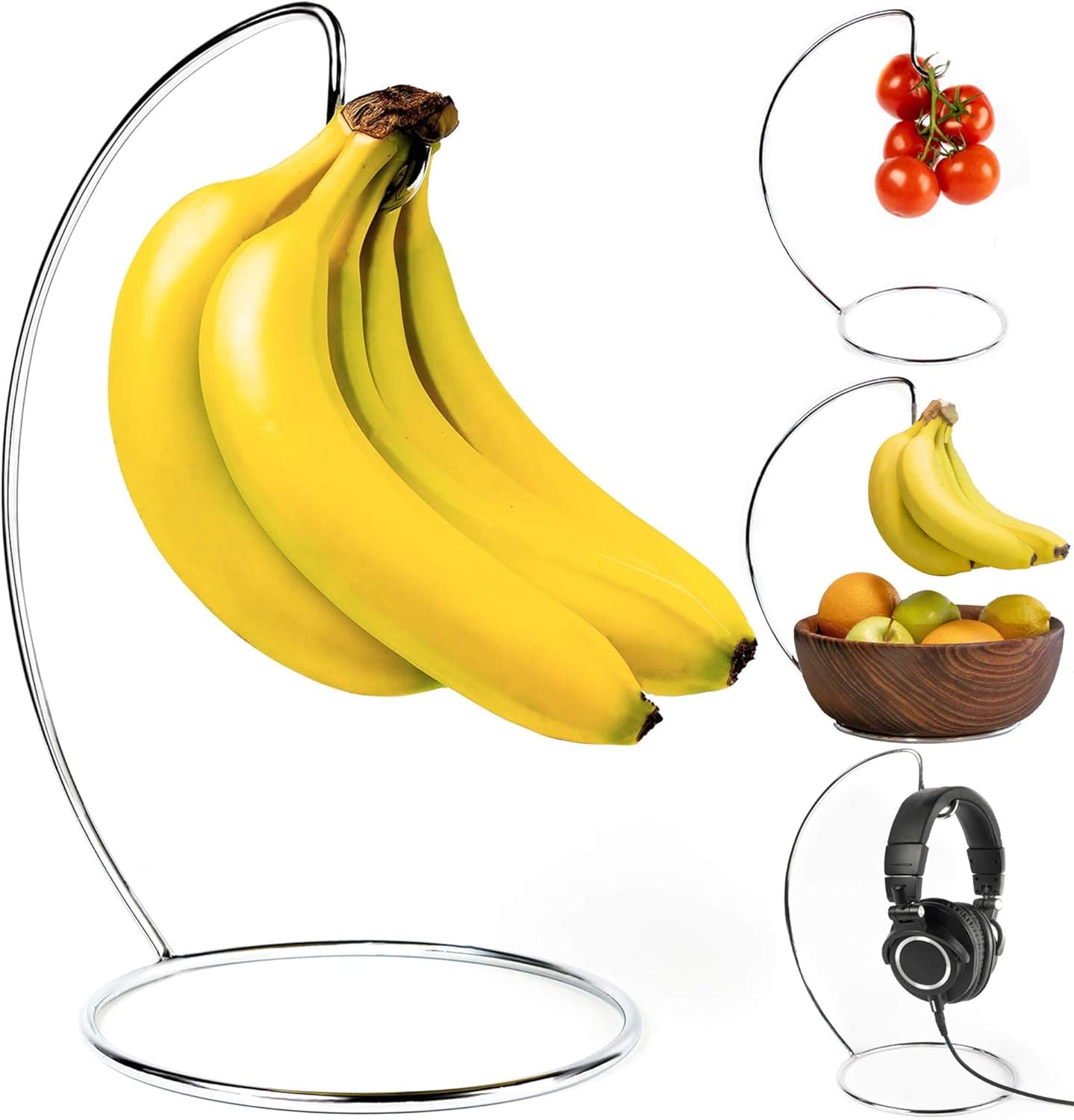 Banana Hanger - Stainless Steel Banana Holder with Sturdy Stand & Hook. Make it Your Own Fruit or Banana Tree Hanger, Headphone Stand, Fruit Stand or Just A Banana Holder. Keep All Your Bananas Fresh