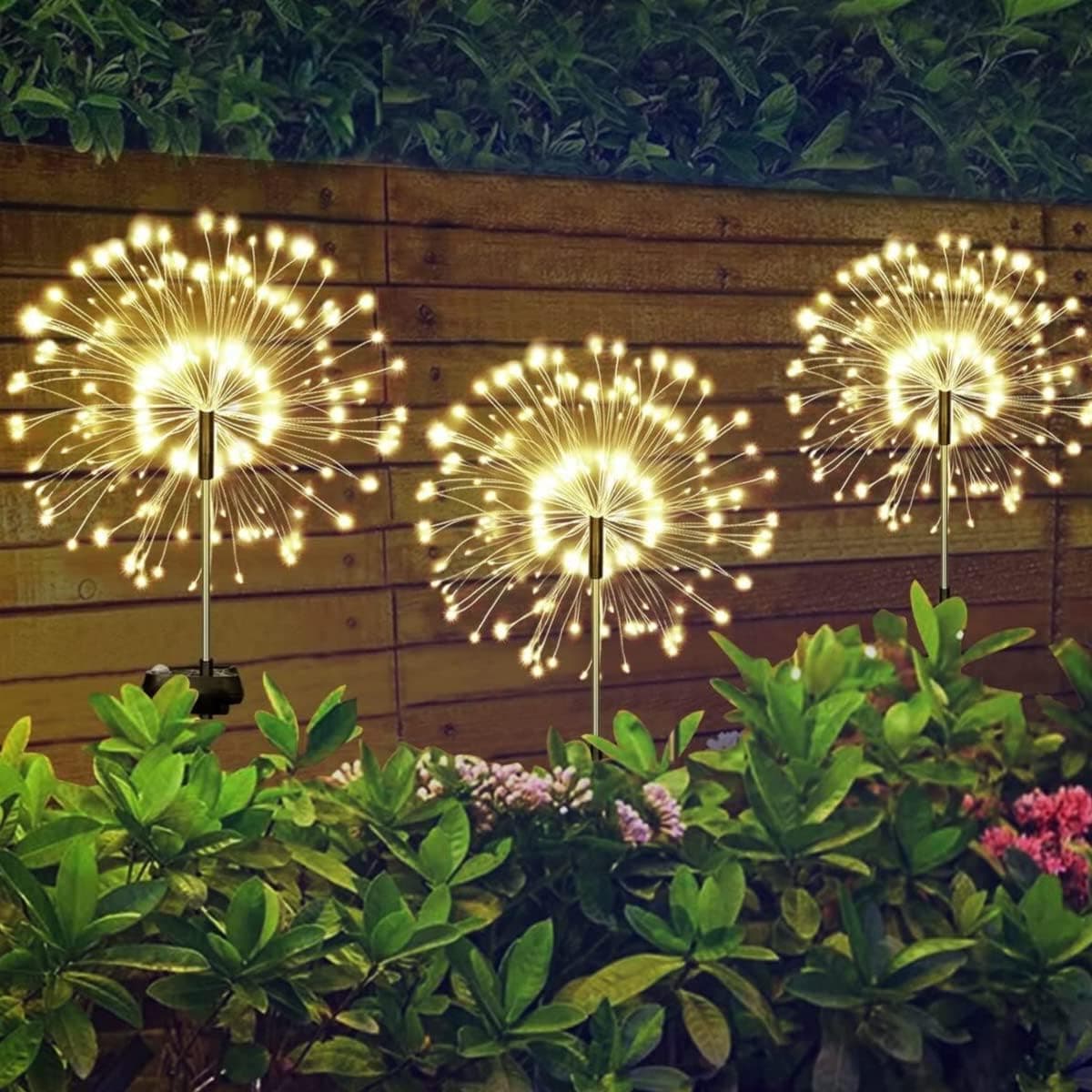 LoveNite Solar Garden Lights, Outdoor Solar Firework Stake Lights, Waterproof Copper Wire Decorative Landscape Lights for Pathway Backyard Patio Lawn Christmas Party Decor (Warm White, 3)