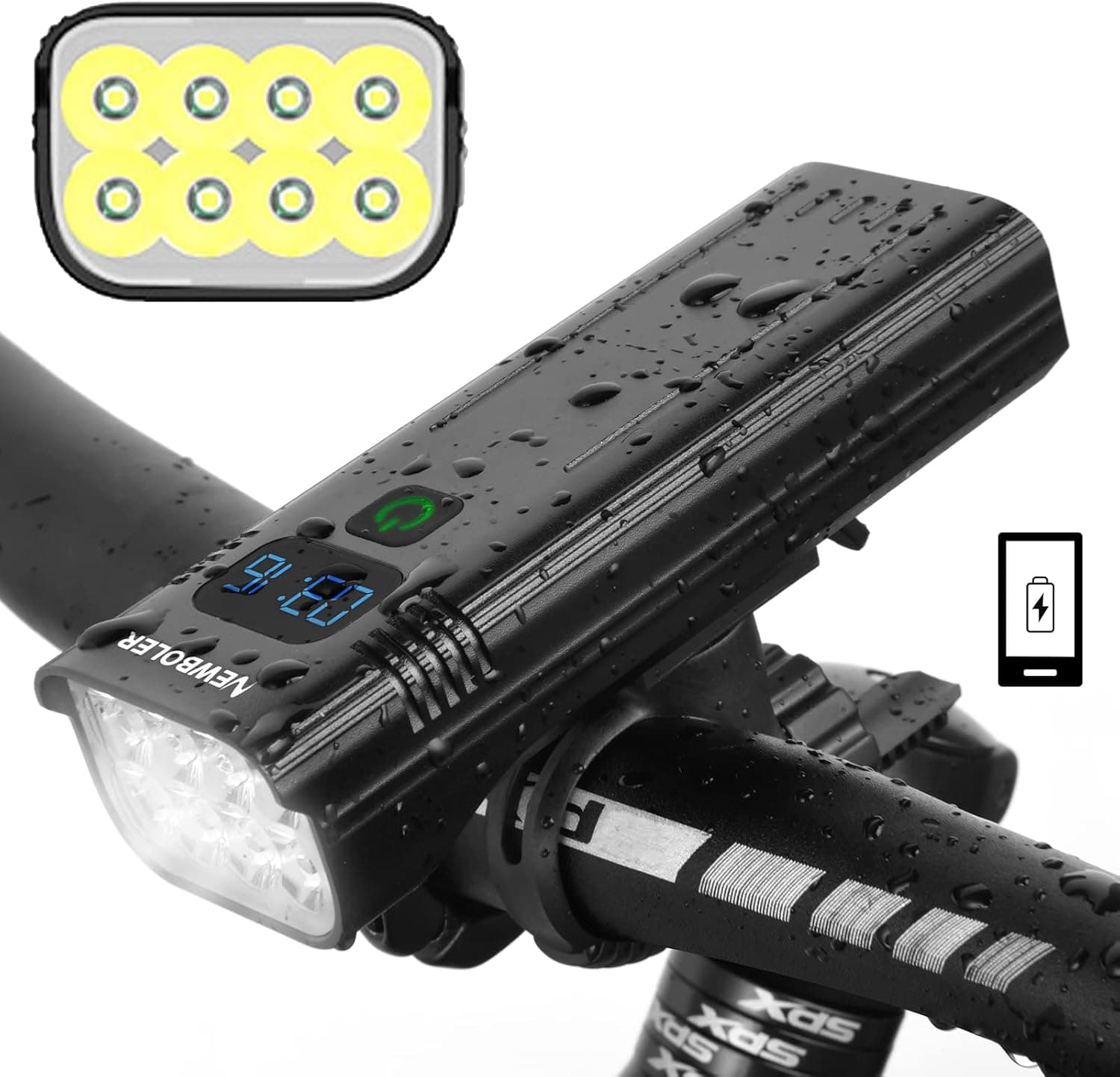 NEWBOLER Bike Lights 10000mAh USB Rechargeable, 4 in 1 Super Bright Bicycle Light 8 LED for Night Riding, 3000 Lumen 5 Lamp Modes Waterproof Bike Headlight 360° Rotation