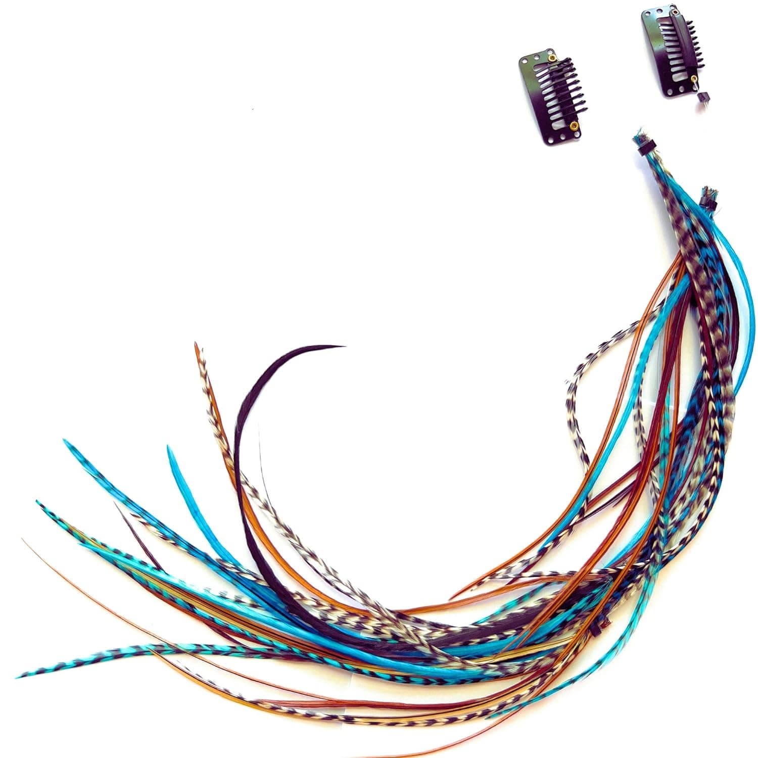 Feather Hair Clips, Long Hippie Boho Indian Accessories, Real Clip on Feather Extensions (Brown/Turquoise)