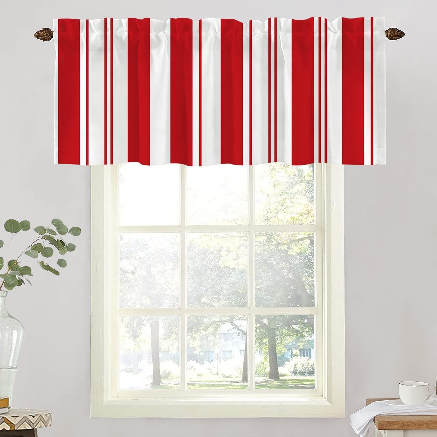 BaoNews Red Christmas Candy Cane Kitchen Valances for Windows,White Christmas Stripes Blackout Valances Curtains Multilayer Polyester Drapes for Kitchen Bedroom 1 Pack 52X18 Inches