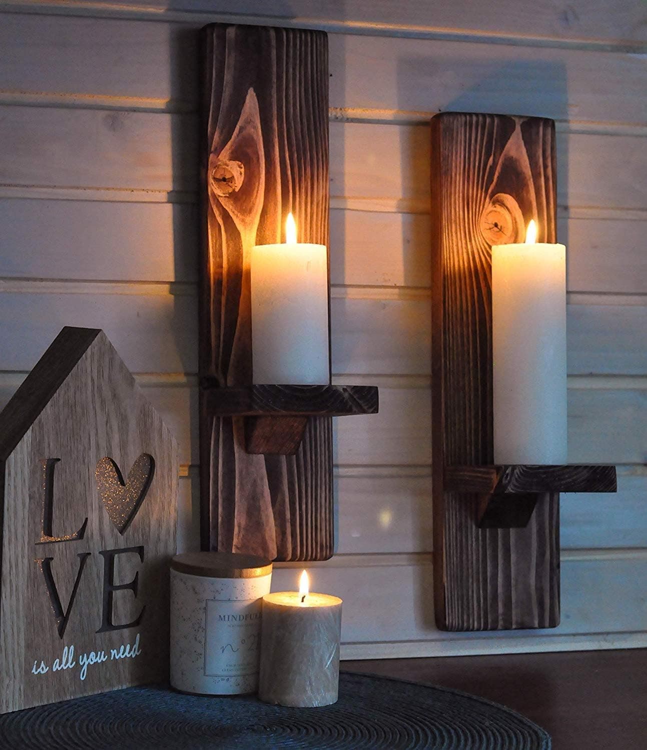 Wall Candle Holders and Candle Sconces, Wooden Wall Mounted Hanging Shelves - Set of 2 (Golden Oak/Brown)