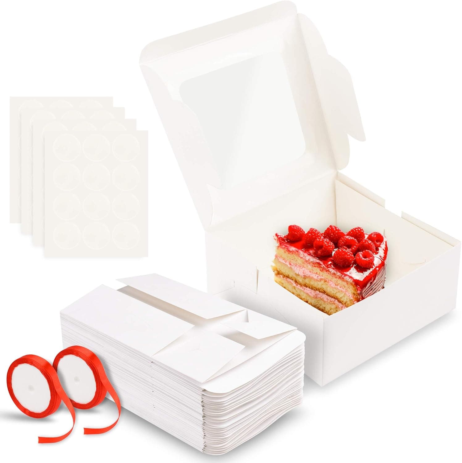 ALTANCO White Bakery Boxes 6x6x3 Inches 30 Pcs Pastry Boxes with Clear Window For Pie And Cookies With Red Ribbons And Blank Stickers Mini Cake Auto-Popup Treat Boxes for Muffins, Donuts and Pastries