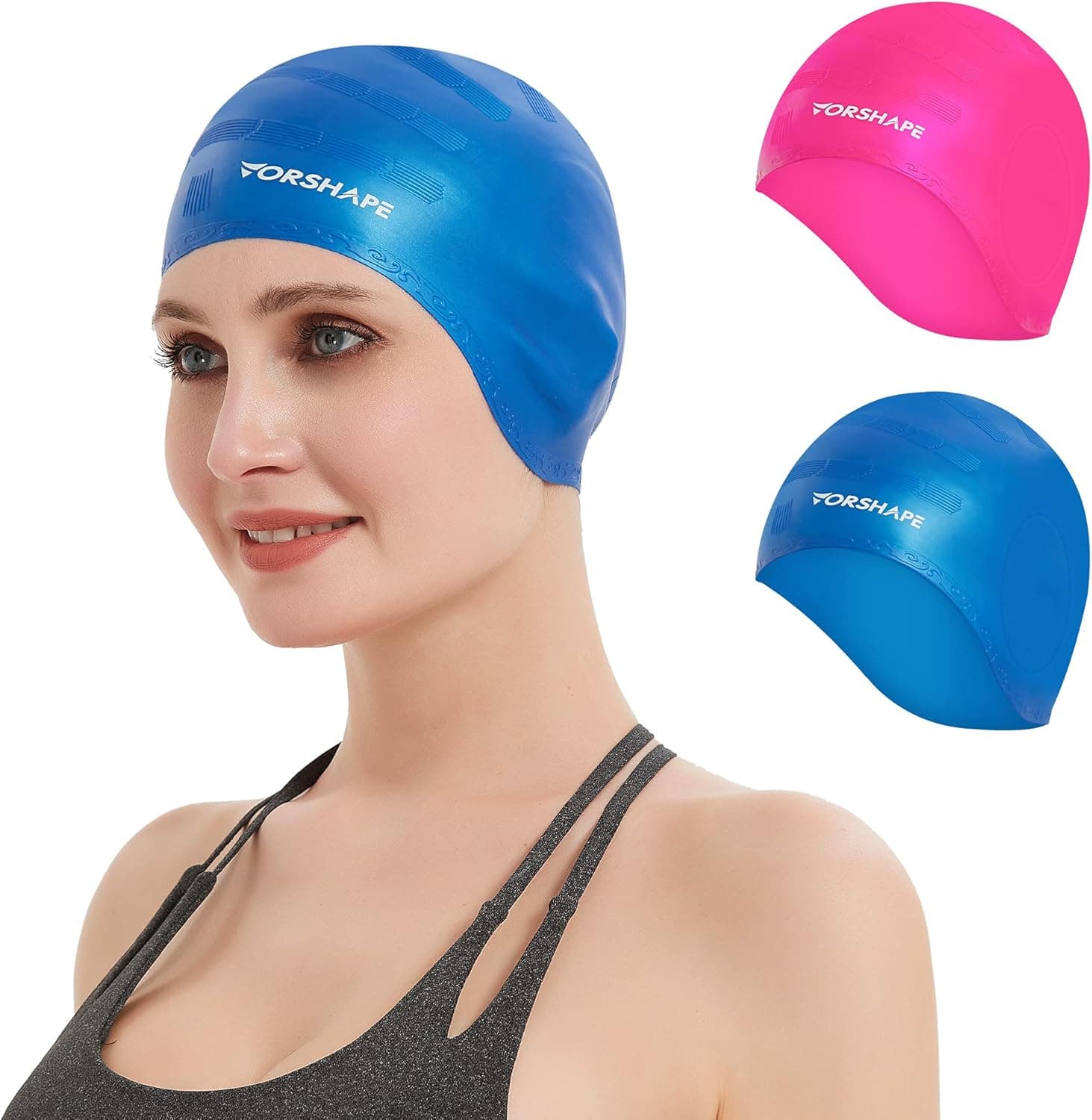 Vorshape Unisex Swim Caps Cover Ears (2 Pack), Flexible Silicone Swimmer Caps for Long Hair Swimming, 3D Ergonomic Fit for Man & Women, 5 Colors