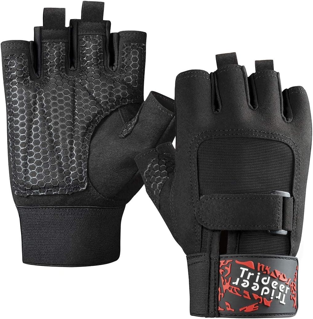 Trideer Padded Workout Gloves for Men - Gym Weight Lifting Gloves with Wrist Wrap Support, Full Palm Protection & Extra Grips for Weightlifting, Exercise, Cross Training, Fitness, Pull-up