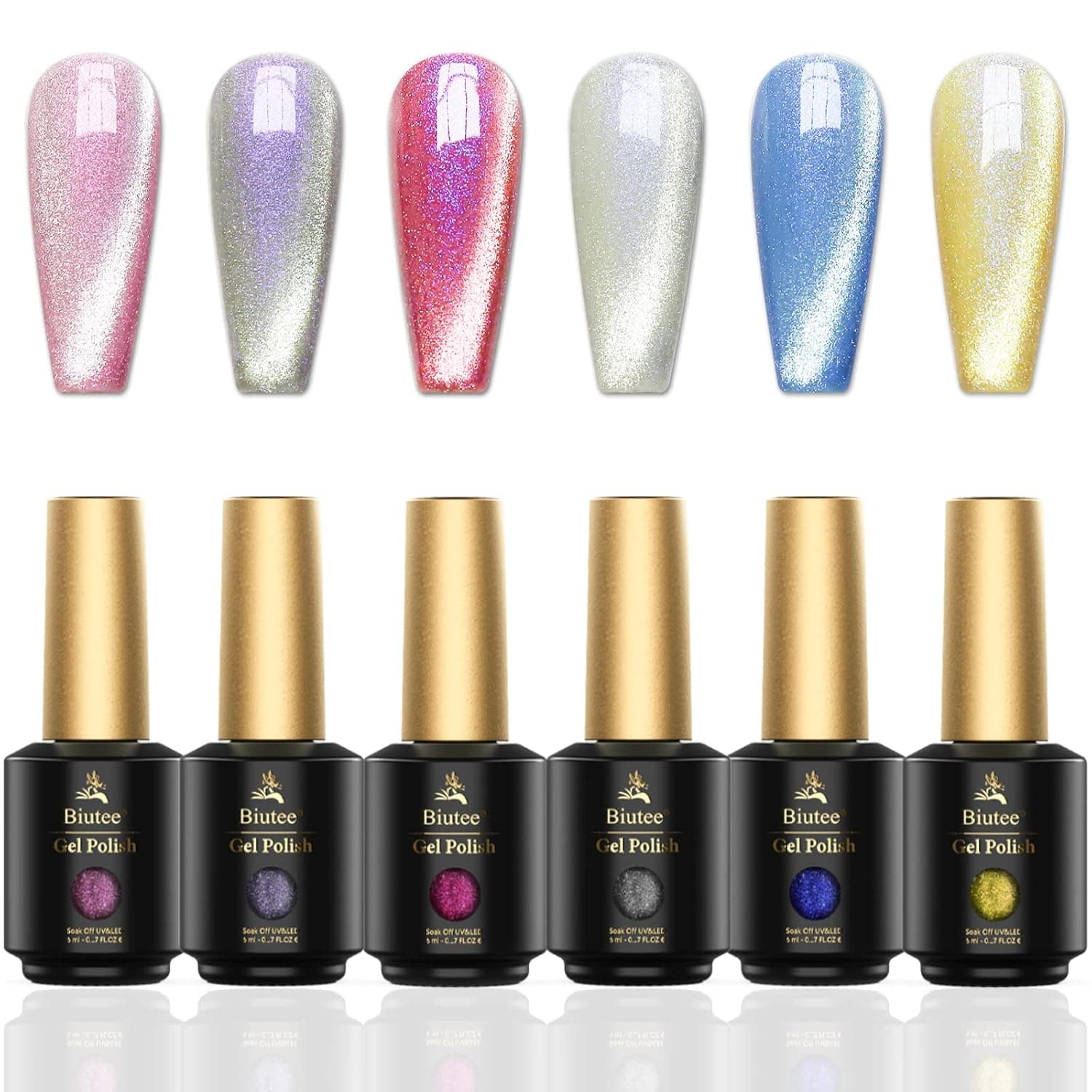Biutee Magnetic Gel Nail Polish Set Cat Eye Gel Polish Kit 6 Colors 8ml Reflective Glitter Soak Off Cat Eye Auroras Gel Nail Sparkle Shiny Nail Polish Gel with Magnet Stick DIY Art Manicure Kit