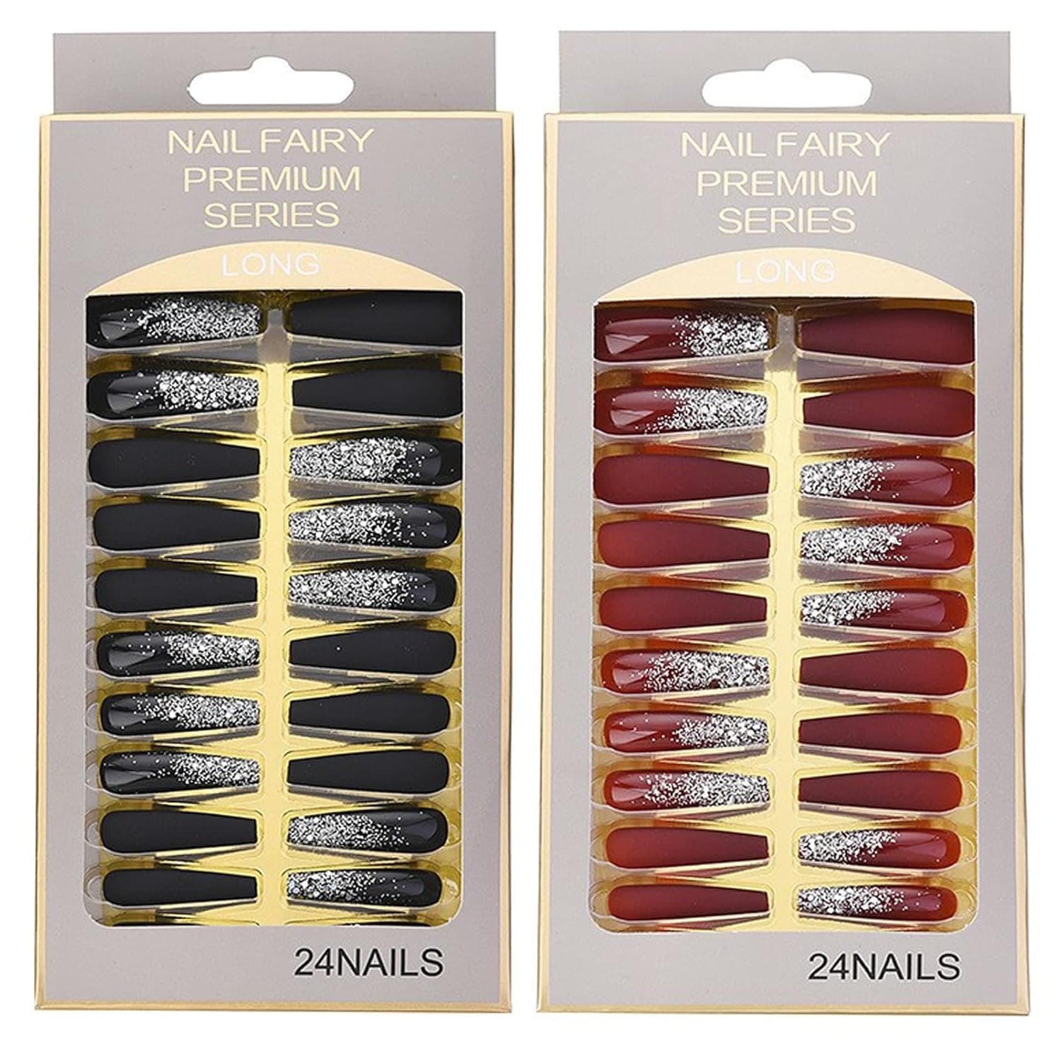 Arqumi 48 Pieces Press on Nails, Solid Ballerina Coffin False Nails, Glitter Stick on False Nails, Extra Long Artificial Acrylic Nails Fake Nails for DIY Manicure Nail Design Decoration, Wine red+Black
