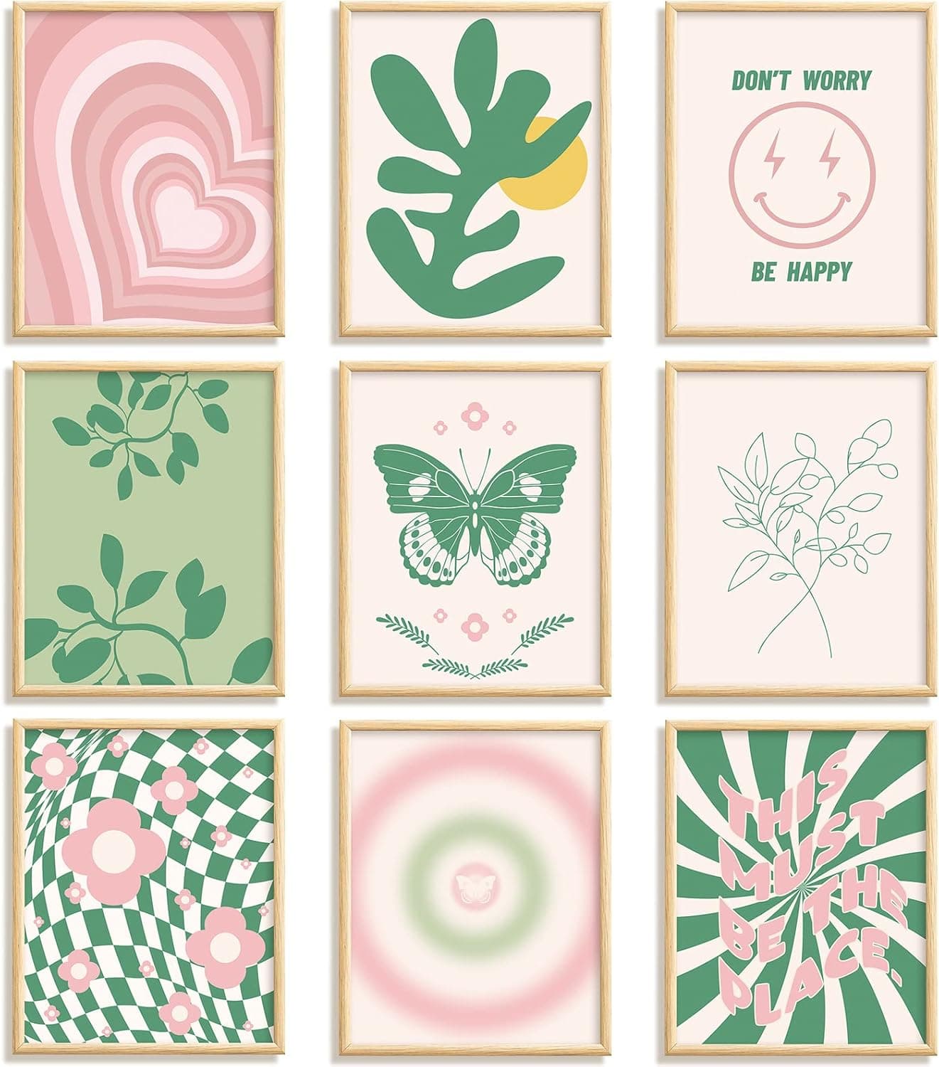 Fainne 9 Pieces Aesthetic Danish Pastel Room Decor Wall Decor Abstract Home Wall Art Decorations for Living Room Bedroom Decorations, 8 x 10 Inches Unframed (Green and Pink Style)