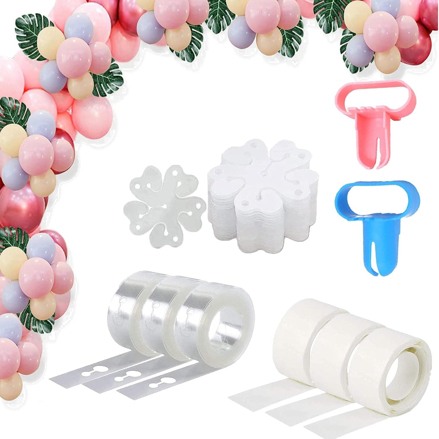 Balloon Arch Garland Tape Kit - Balloons Decorating Tape Strips Balloon Garland Kit For 32ft Balloon Tape Strip,3 Pcs Tying Tool, 300 Dot Glue, 10 Ballon Flower Clip For Baby Shower Diy，Bachelorette Party，Birthday，Graduation
