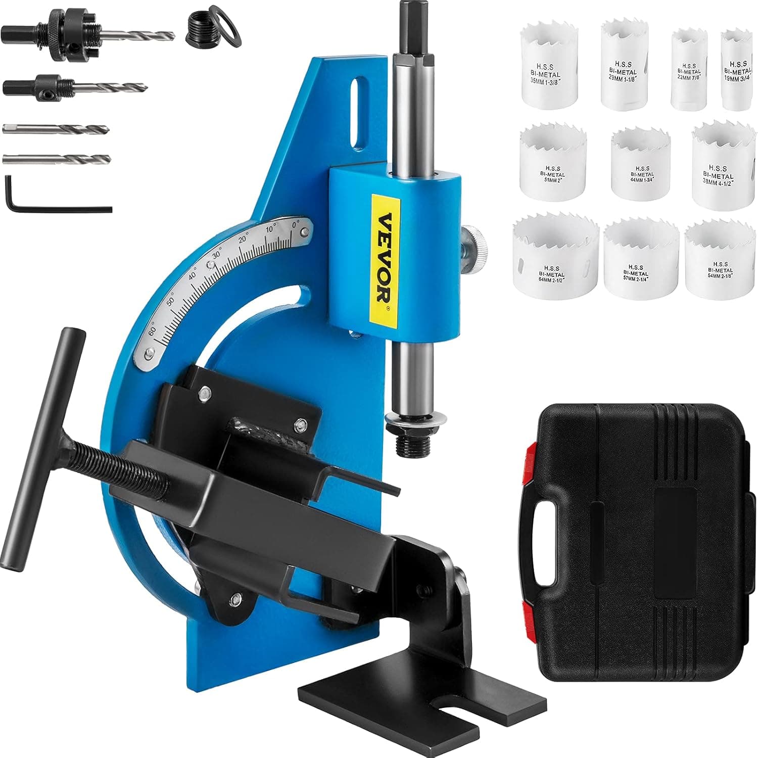 VEVOR Tube Notcher Kit 60 Degree Pipe Tubing Notcher w/13 Pc Bi-Metal Hole Saw 3/4" -2-1/2" with Case Tubing and Pipe Notcher 2 Drills Tube Notcher Tool for cutting holes through Metal, Wood, Plastic.