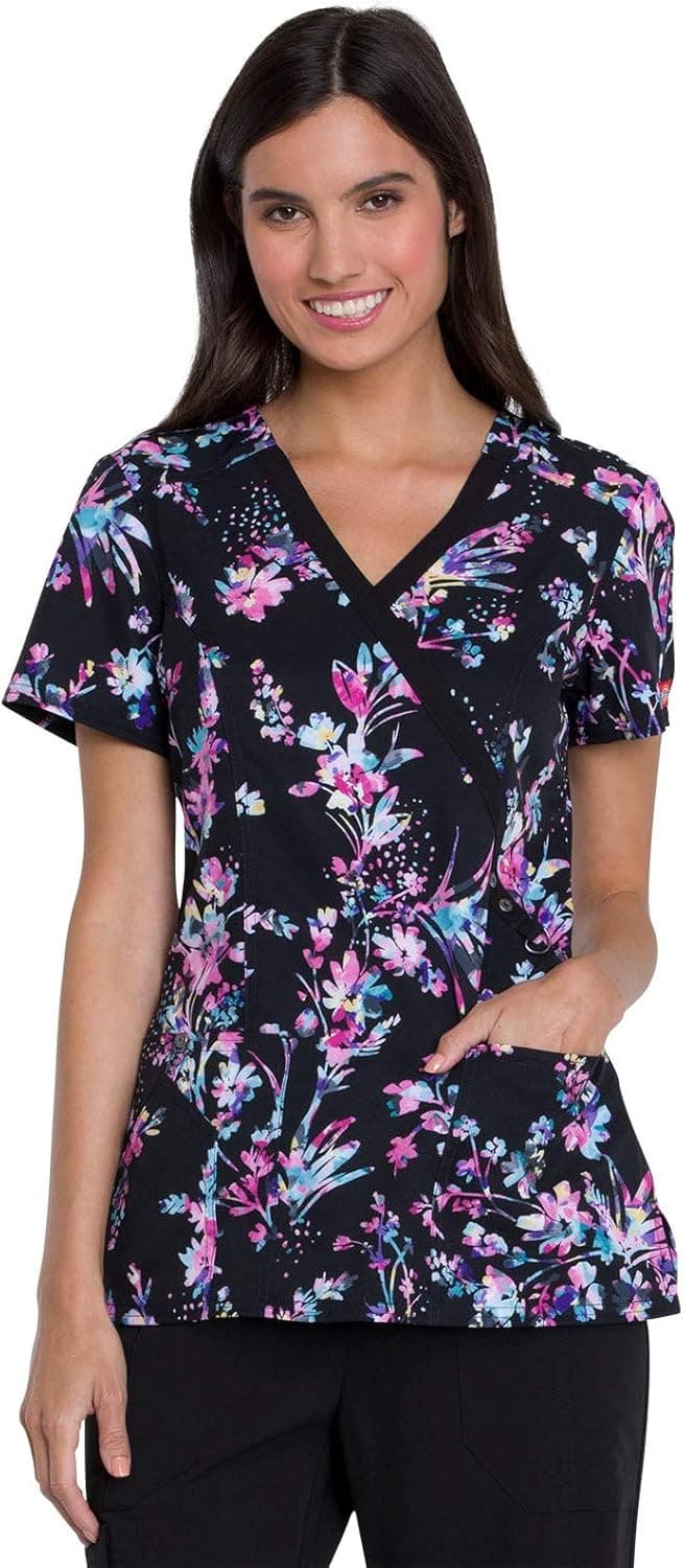Dickies Prints Women Scrubs Top Mock Wrap DK714, S, Meadow Muse - Small,Meadow Muse