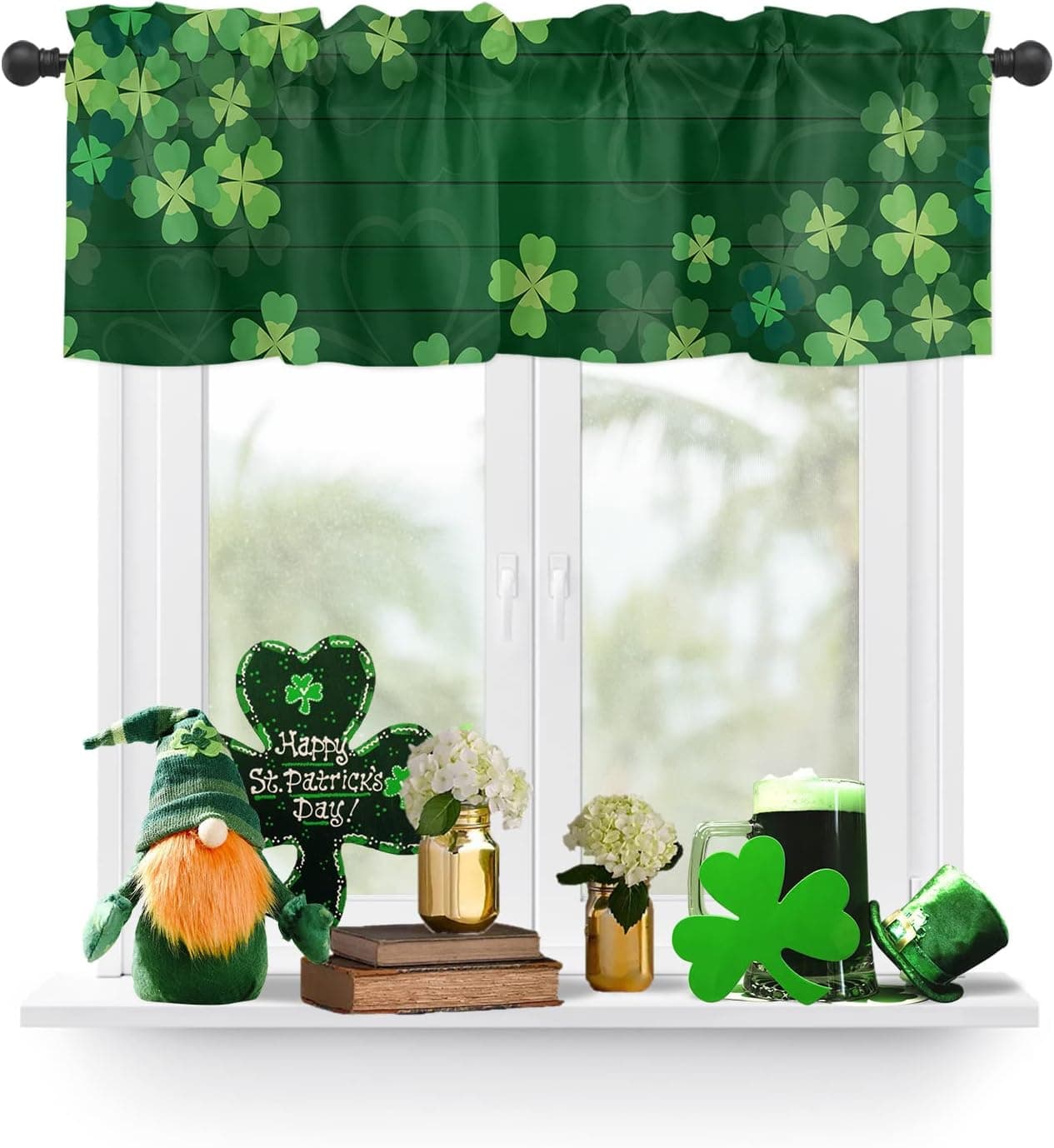 Window Valance Kitchen Rod Pocket Short Curtain Valance Panel Spring Green St. Patrick's Day Clover Valances Curtains, Farm Wood Board Shamrock Window Treatment Drapes for Living Room Bedroom Decor