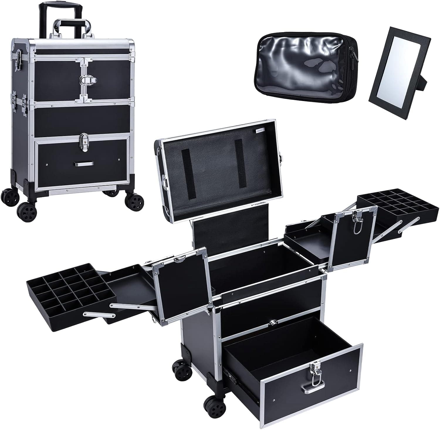 Adazzo Rolling Makeup Case Cosmetic Train Case Multi-functional 6 Trays with Drawer Mirror Brushes Tools Pouch Swivel Wheels Cosmetology Trolley for Makeup Artist, Hairstylists, Nail Tech Students Salon Barber Traveling Case Cart Trunk Black