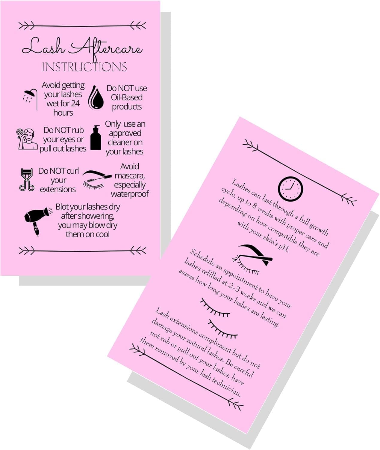 Lash Extension Aftercare Instructions Cards | Package of 100 | Double Sided Size 2x3.5" inches After Care (2-3 Week Fillers) | Bubblegum Pink with Arrow Design Eyelash Extension Aftercare