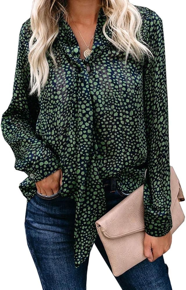 Ofenbuy Womens Leopard Print Long Sleeve Blouses Casual V Neck Chiffon Elegant Shirt with Tie