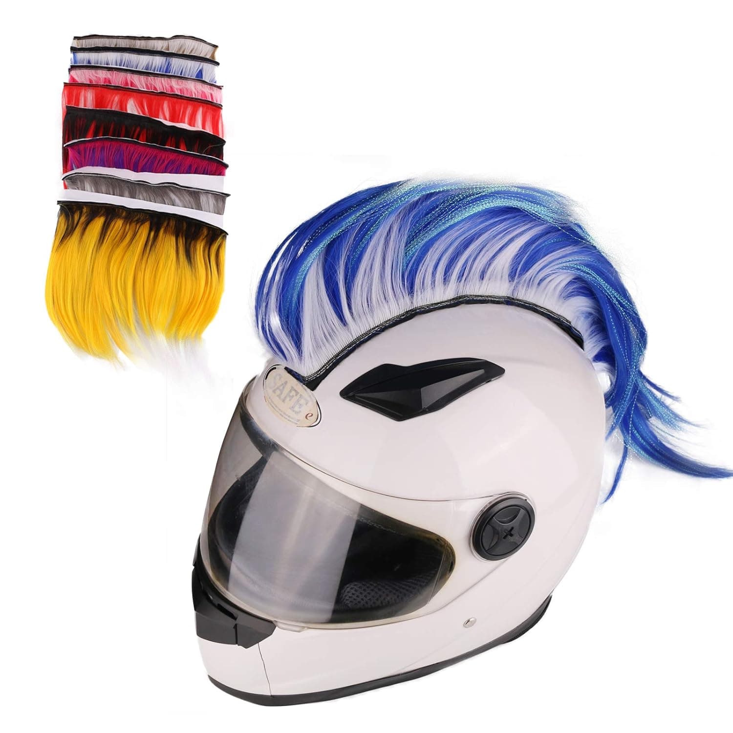 Namecute Helmet Mohawk Motorcycle Hair Colored Silk Helmets Synthetic Costume Wig for Bicycle Ski Helmet Accessories Masquerade Party Halloween Decoration (Helmet Not Included) (Blue/White)