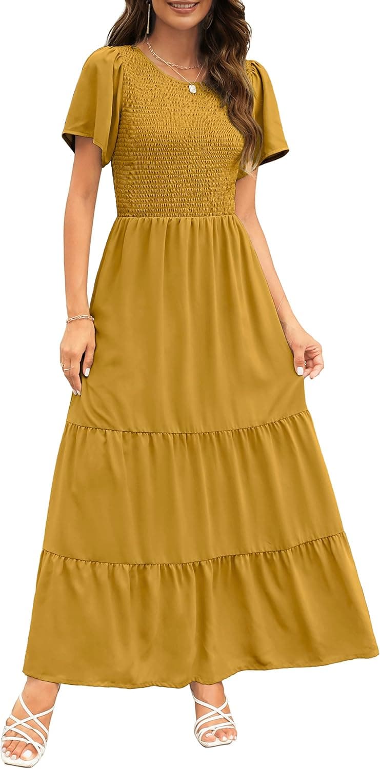 Kranda Women's 2023 Summer Round Neck Short Flutter Sleeve Smocked Ruffle Floral Maxi Dress