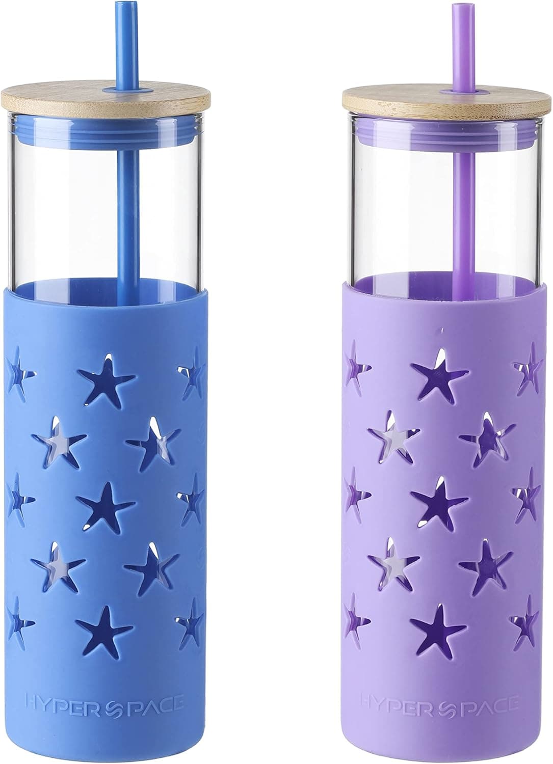 Hyperspace 20 OZ Glass Tumbler Glass Water Bottle with Silicone Protective Sleeve and Bamboo Lid, Travel Cups with Straw - BPA Free (Blue & Purple Star, 2Pcs Pack)