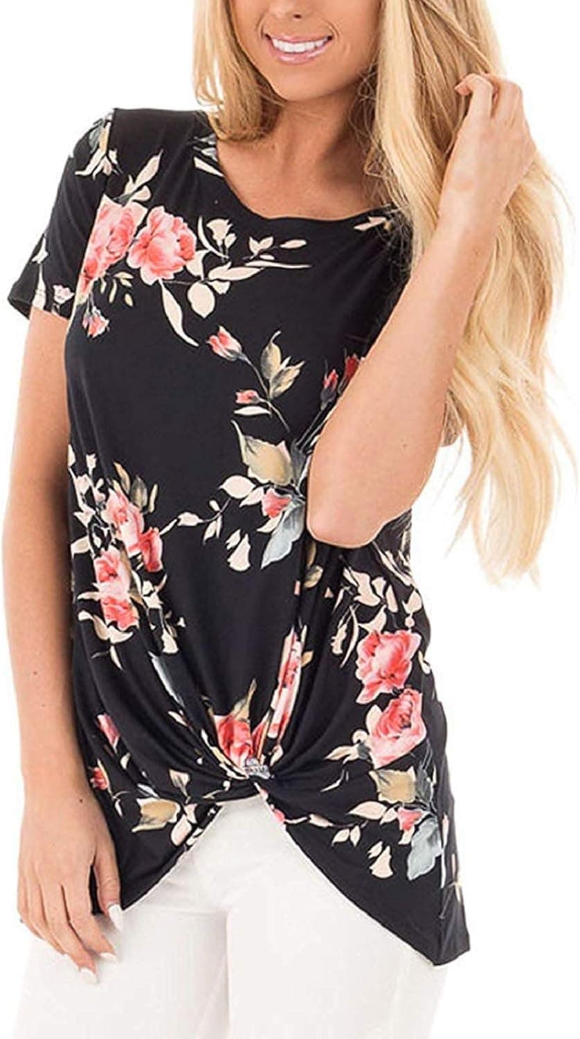 SHIBEVER Women's Tops Short Sleeve Shirts Twist Knotted T Shirts Round Neck Tunic Floral Black S
