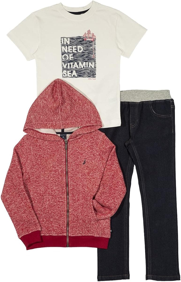 Nautica Boys' Fleece Hoodie, Short Sleeve Tee, and Denim Jean Set