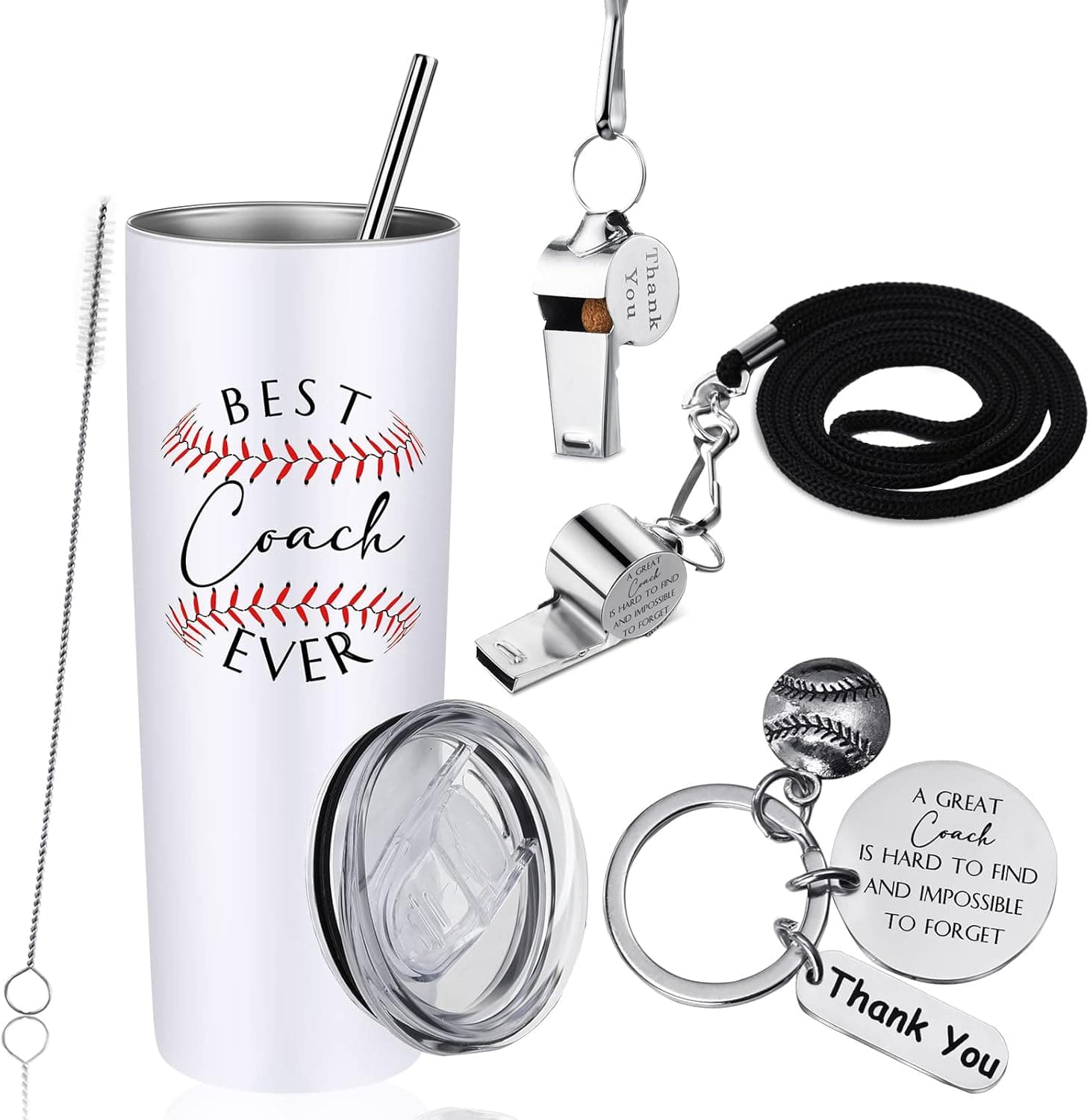 Gifts Set for Coach Teacher Appreciation Gifts 20oz Best Coach Ever Stainless Steel Tumbler Thank You Keychain Softball Whistles with Lanyard Softball Gifts Baseball Gifts for Coach Graduation