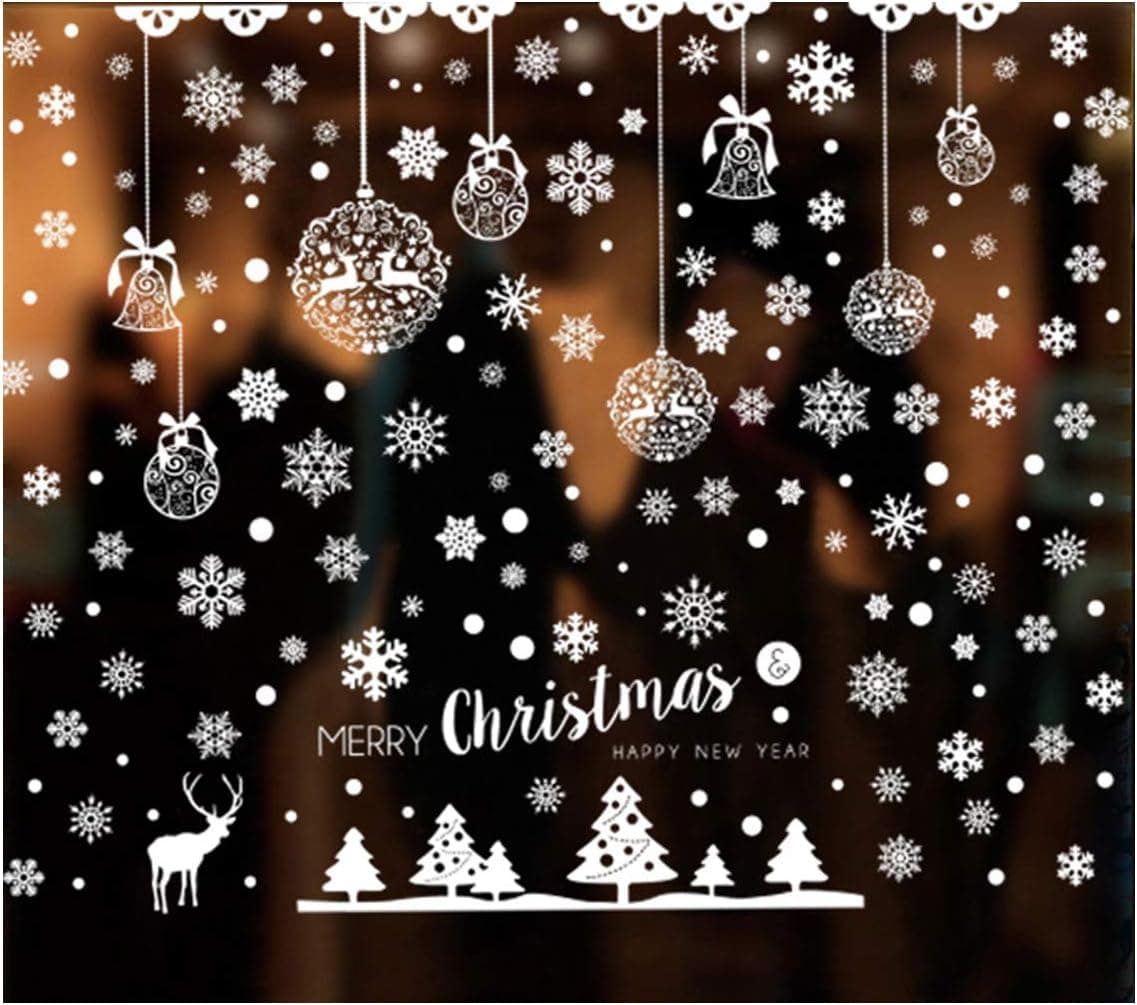 Bestjybt Christmas Snowflake Window Decorations Clings Decal Stickers Bells Trees Elk Xmas Party Stickers Decal Ornaments
