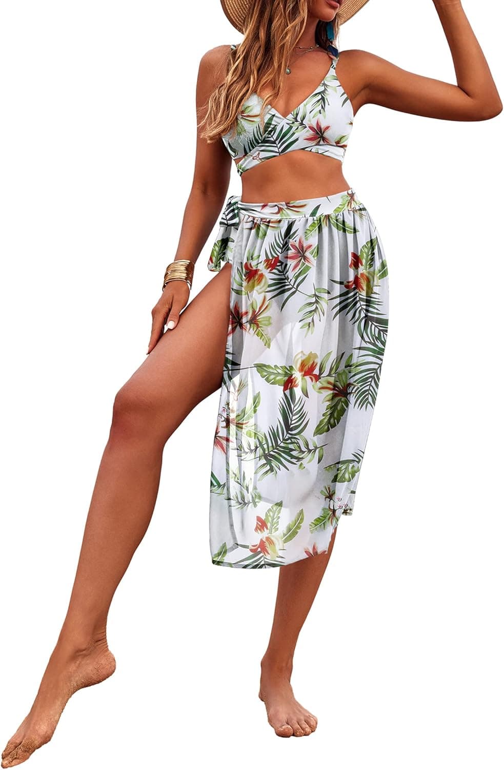 AOLRO Womens 3 Piece Bikini Set Cover Up Bathing Suit Sexy Push Up Swimsuits with Maxi Skirt S-3XL