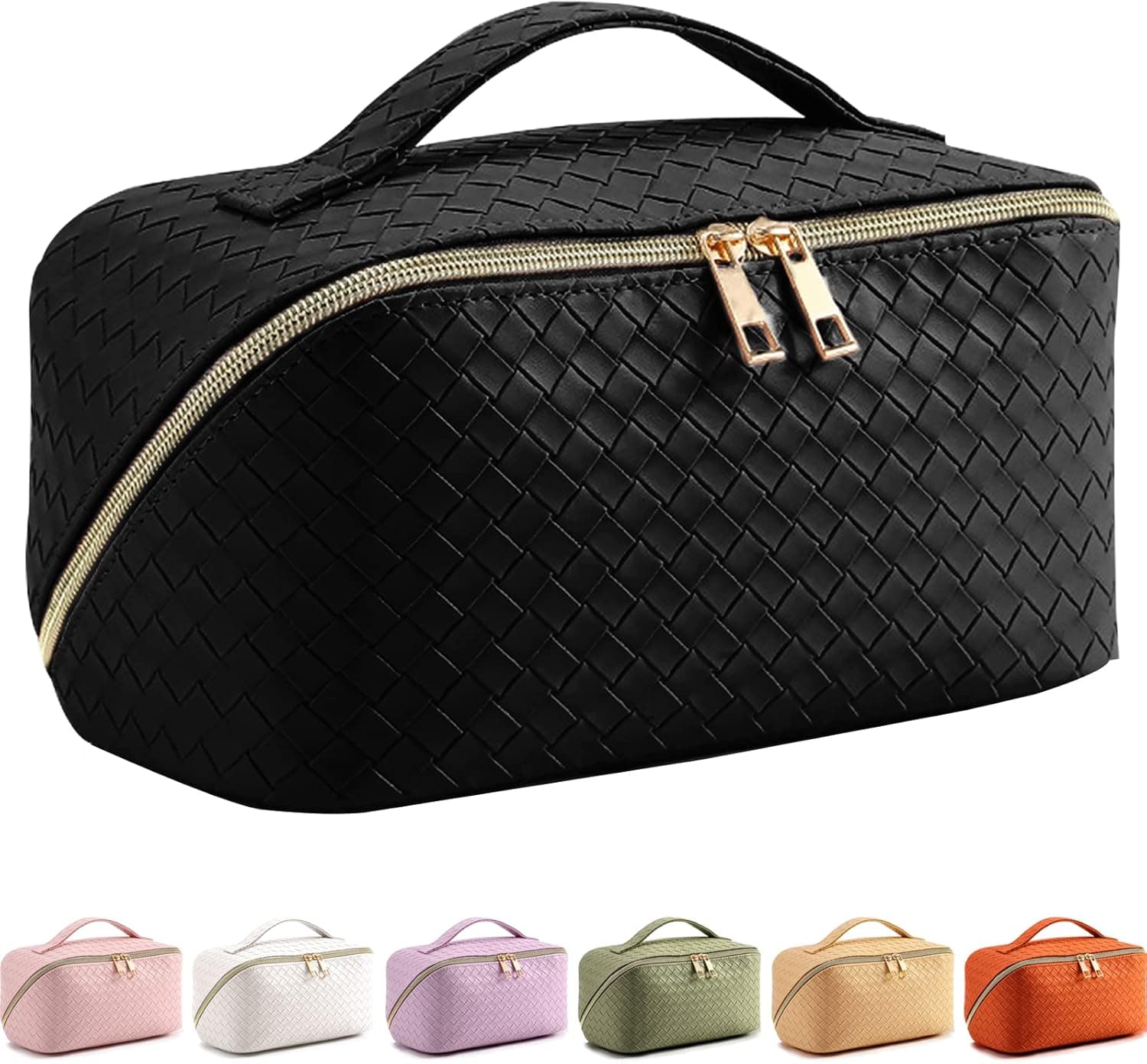 SHEJIZE Large Capacity Travel Cosmetic Bag Makeup Bag Travel Bag Organizer PU Leather Cosmetic Bags Makeup Organizer Bag with Dividers and Handle (Black)