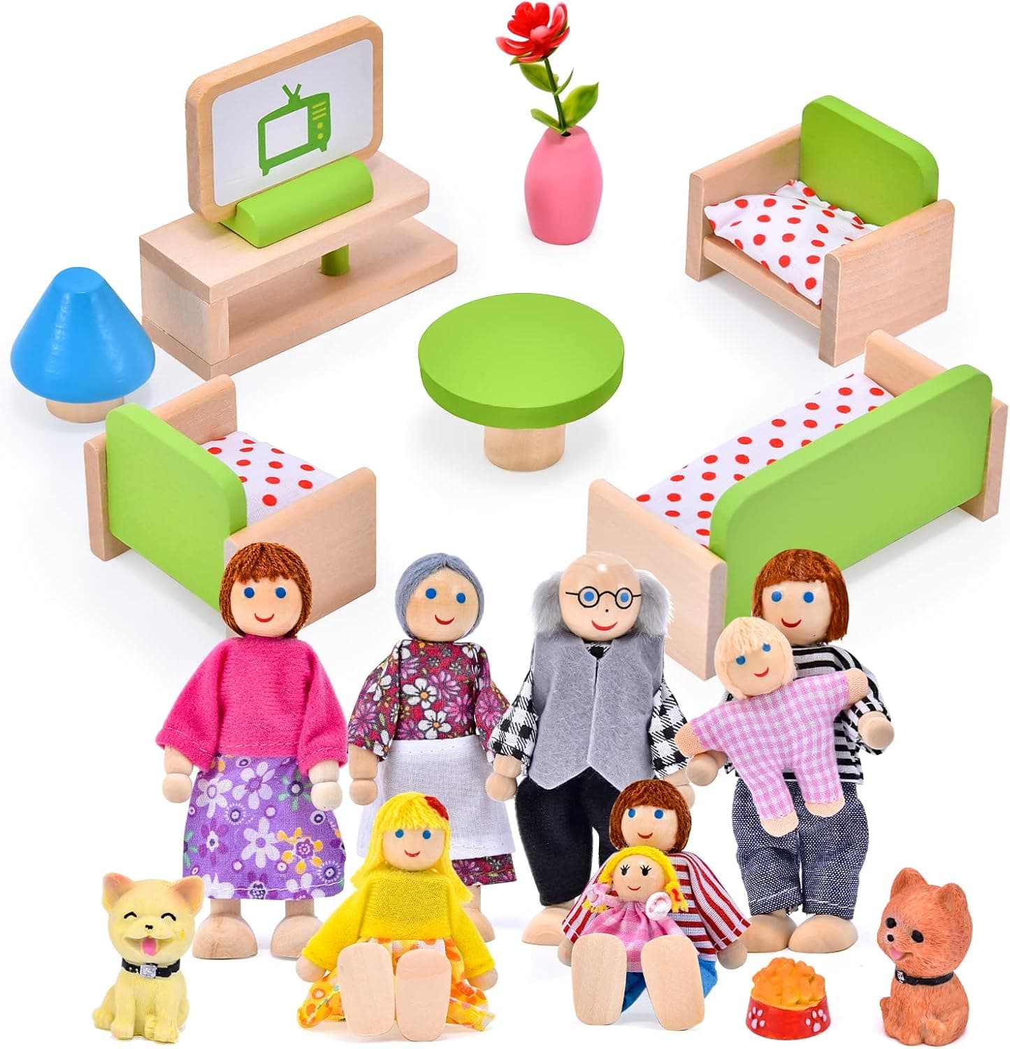 Toylink Wooden Dollhouse Furniture Set with 8 Dollhouse People Family Pets Living Room Miniature Doll House Accessories Pretend Play Dollhouse Toy for Boys Girls