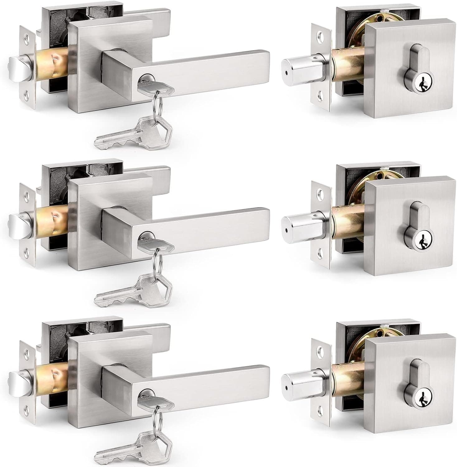 Probrico Satin Nickel Square Entry Levers Locksets and Single Cylinder Deadbolts Combination Set, Heavy Duty Front Door Office Entrance Levers, 3 Pack Keyed Alike(All Same Keys)