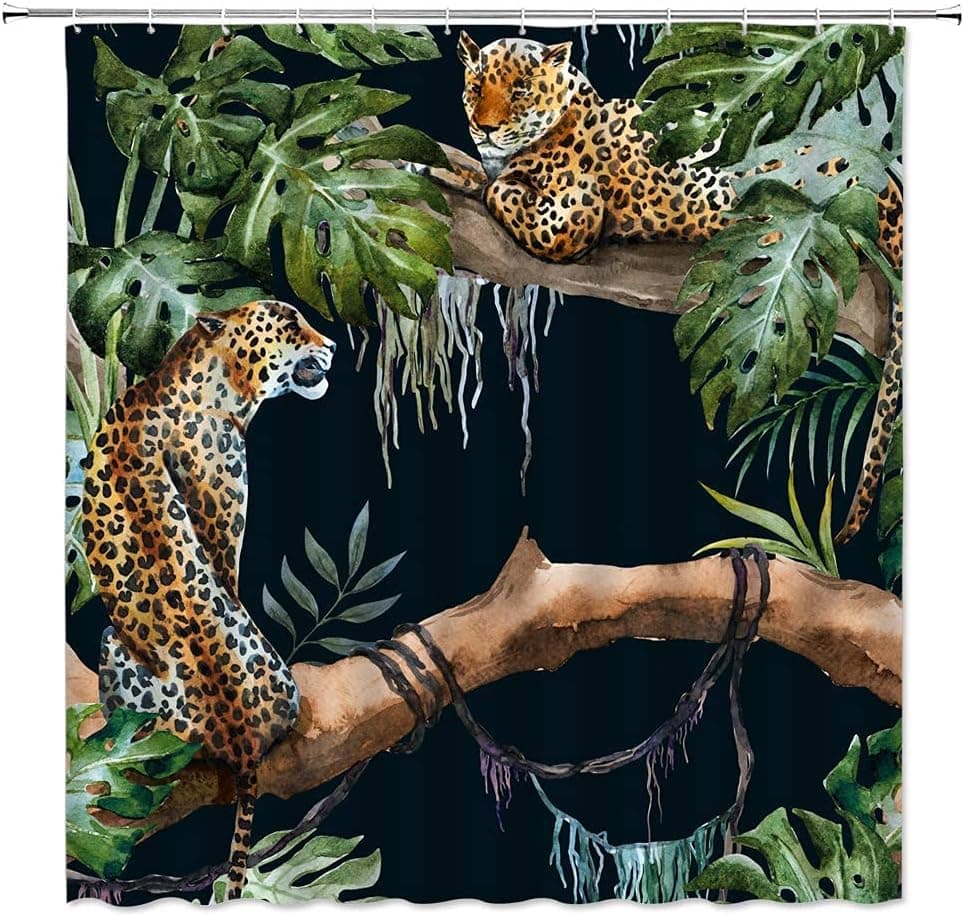 Jungle Animal Shower Curtain Leopard Cheetah Wildlife Tropical Leaves Botanical Plant Forest Wild Safari Exotic Artwork Fabric Polyester Bathroom Decor with Hooks(71" WX71 H)