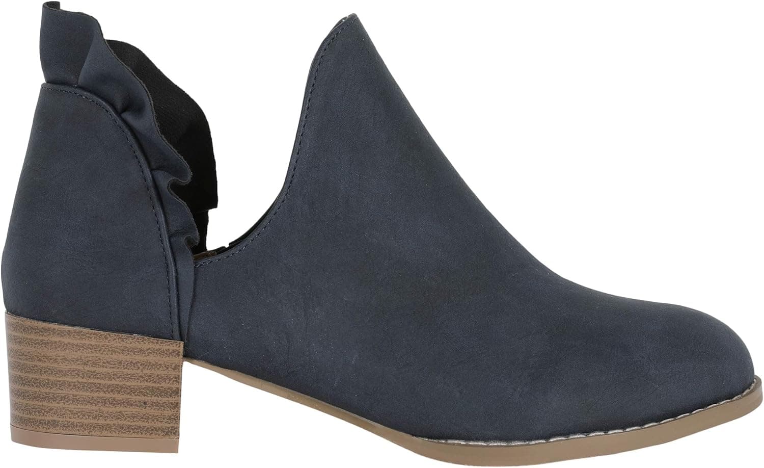 Womens Cutout Booties Ruffled Block Low Heel Pointed Toe Slip-on Fall Ankle Boots
