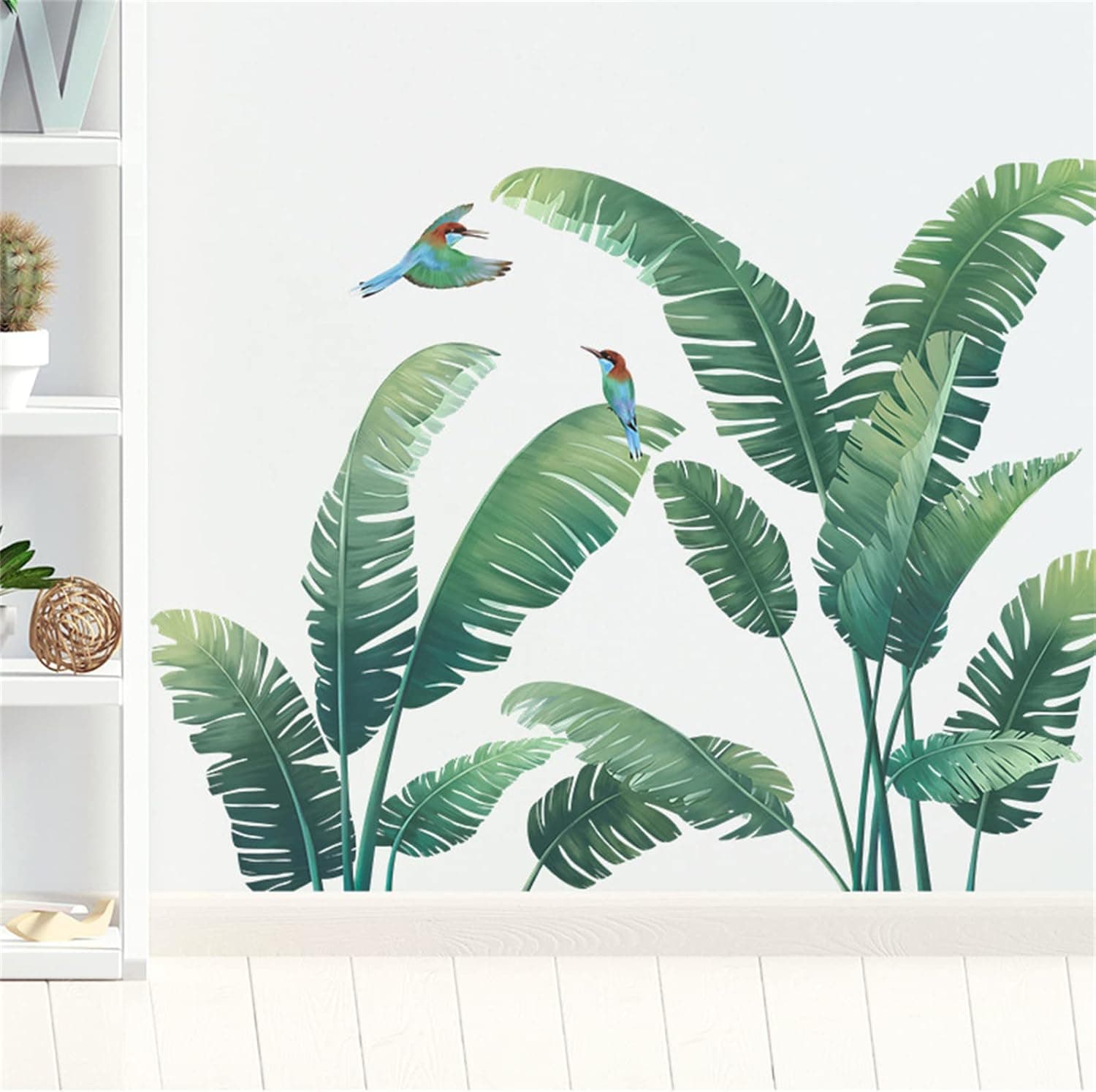 Green Plant Wall Stickers, Tropical Rainforest Monstera Leaf Decal Natural Palm Leaves Nordic Green Leaf Plants Banana Leaf Bird Wall Mural Bedroom Living Room Office Decoration Wallpaper