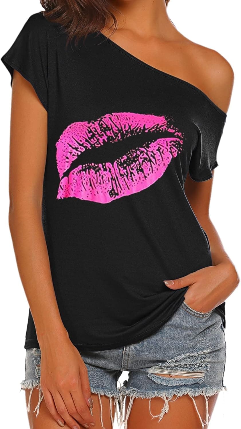 Halife Women's Casual Off The Shoulder Tops Short Sleeve T Shirts Loose Summer Blouse Shirt