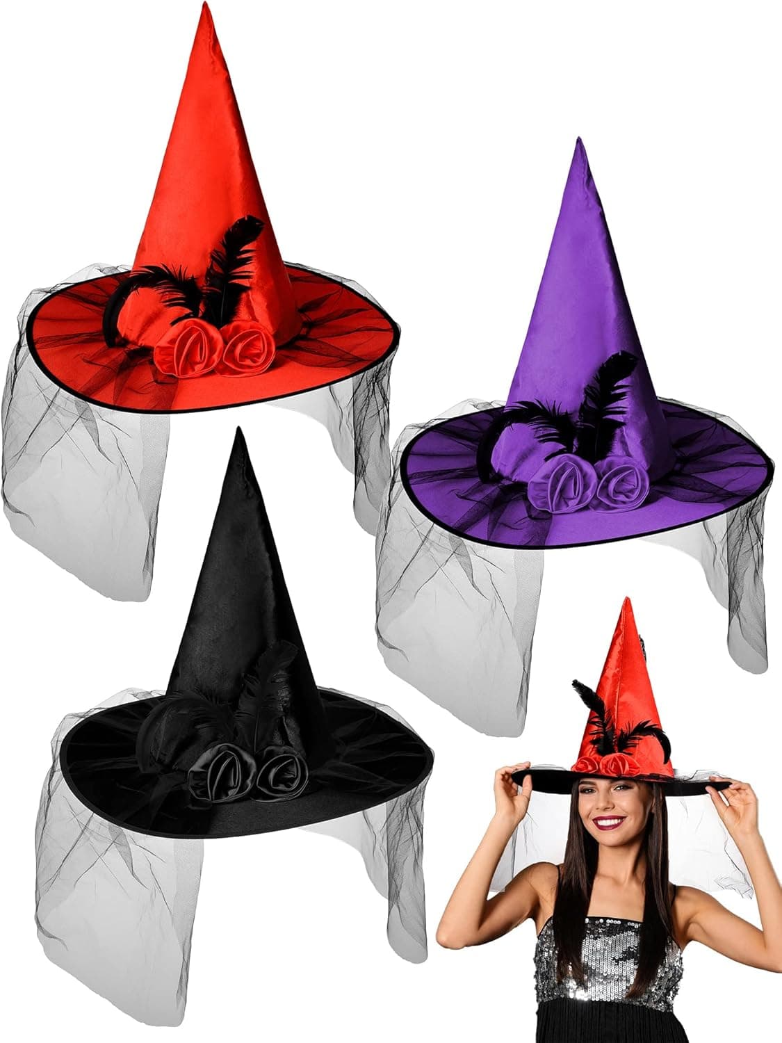 Zhanmai 3 Pieces Halloween Witch Hat Party Accessory Witch Decor Wizard Hat with Soft Lace Mesh Rose Flower and Feather Costume