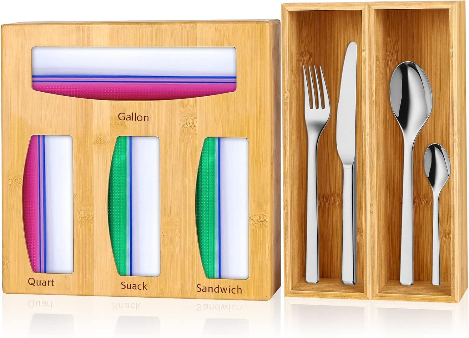 Ameter Bamboo Food Storage Bag Organizer for Garbage Bag Storage Bag Drawer Organizer with 2 Drawer Organizers, Plastic Bag Drawer Organizer Kitchen for Snack Bag Organizer Drawer & Variety Size Bag