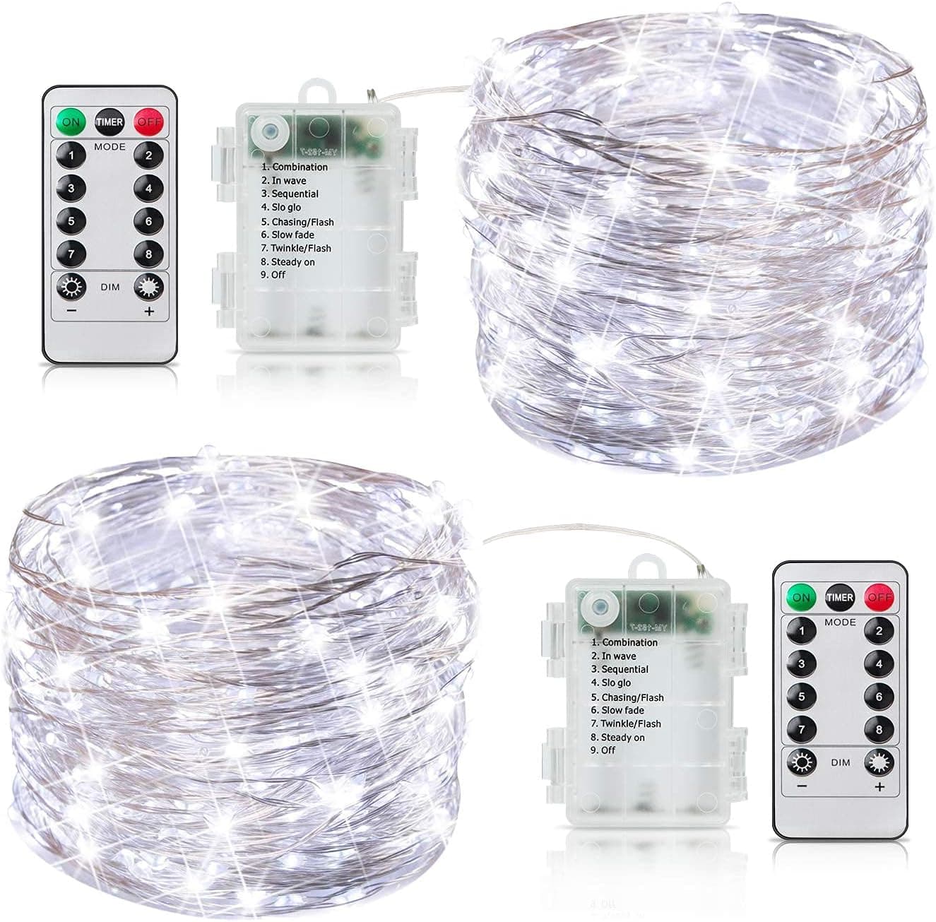 Fairy Lights Battery Operated 20 Feet 60 Led Firefly String Lights with Remote and Timer 8 Lighting Modes Waterproof Twinkle Lights for Crafts Bedroom Garden Party Christmas White 2 Pack