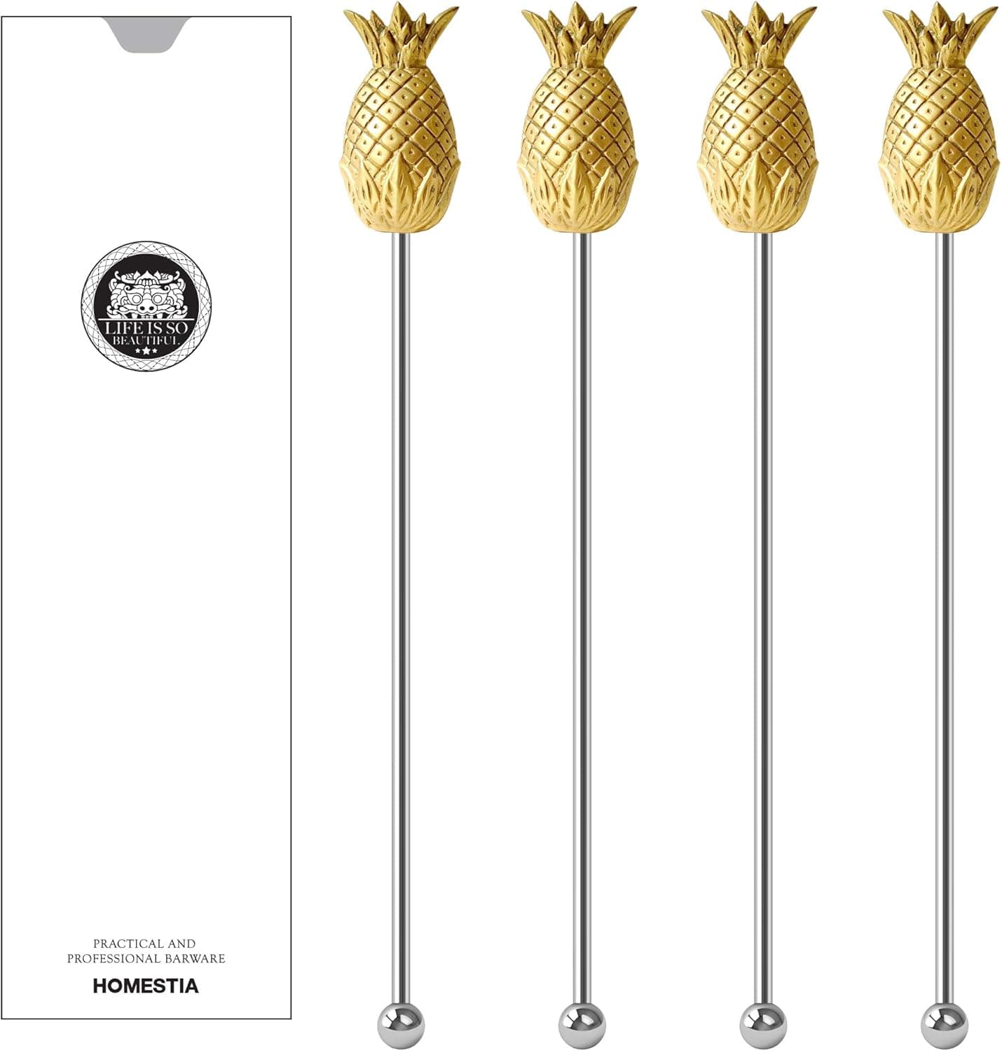 Coffee stirrers Swizzle Sticks Stainless Steel 8" Reusable with Gold Pineapple Tops Stir Sticks by Homestia Set of 4