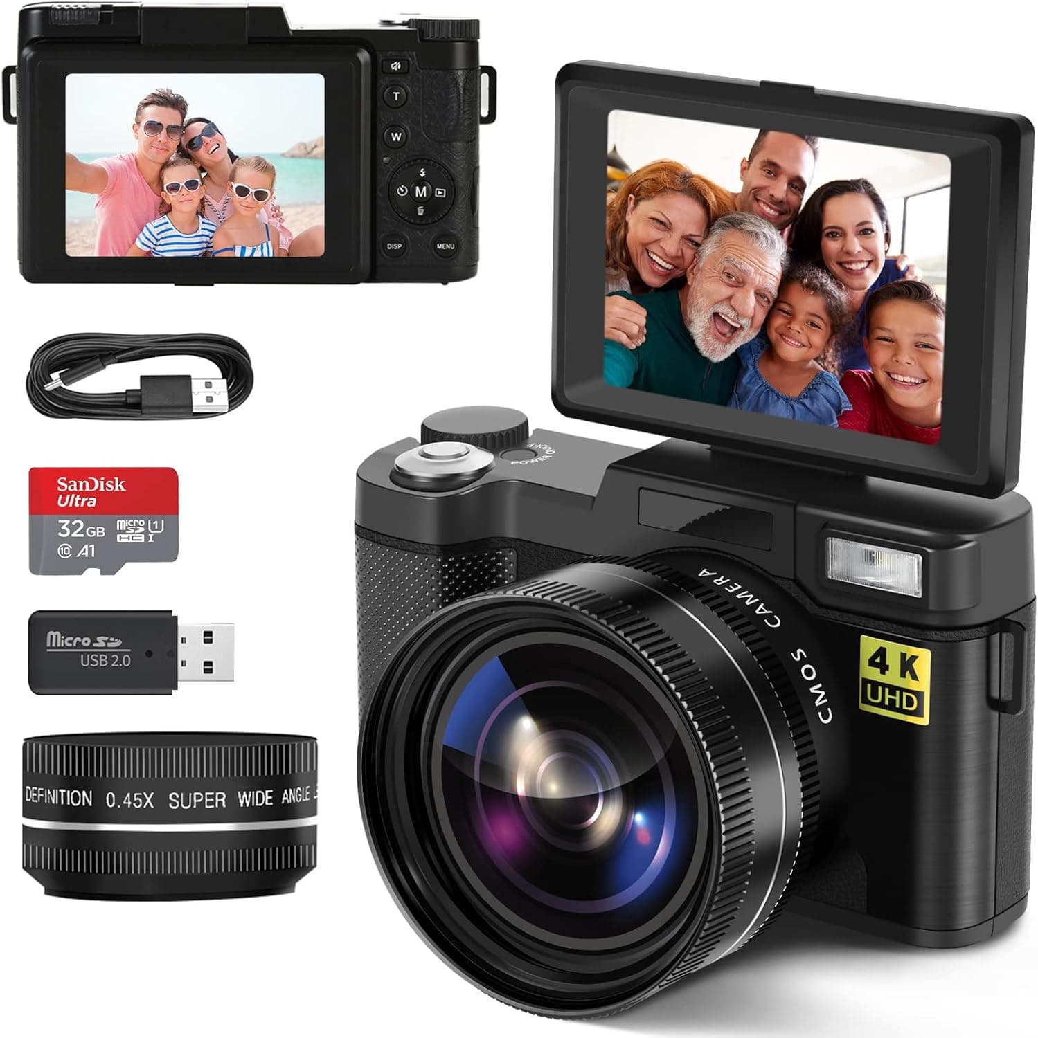 Monitech Digital Cameras for Photography 4K Video Camera 48MP Digital Camera Reversible Display Vlogging Camera for YouTube 16X Digital Zoom Camcorder with 32G SD Card, Card Reader and Storage Bag