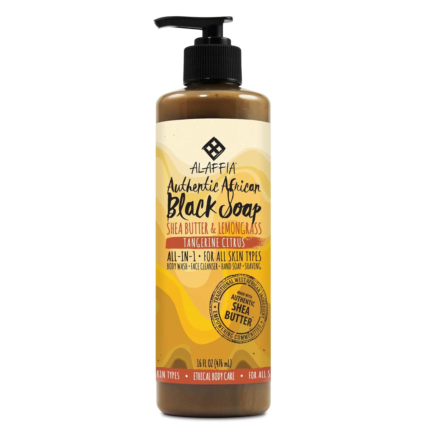 Alaffia, Authentic African Black Soap Liquid, All-in-One Body Wash for All Skin Types, Tangerine Citrus, Ethically Traded, Non-GMO, 16 oz (FFP)
