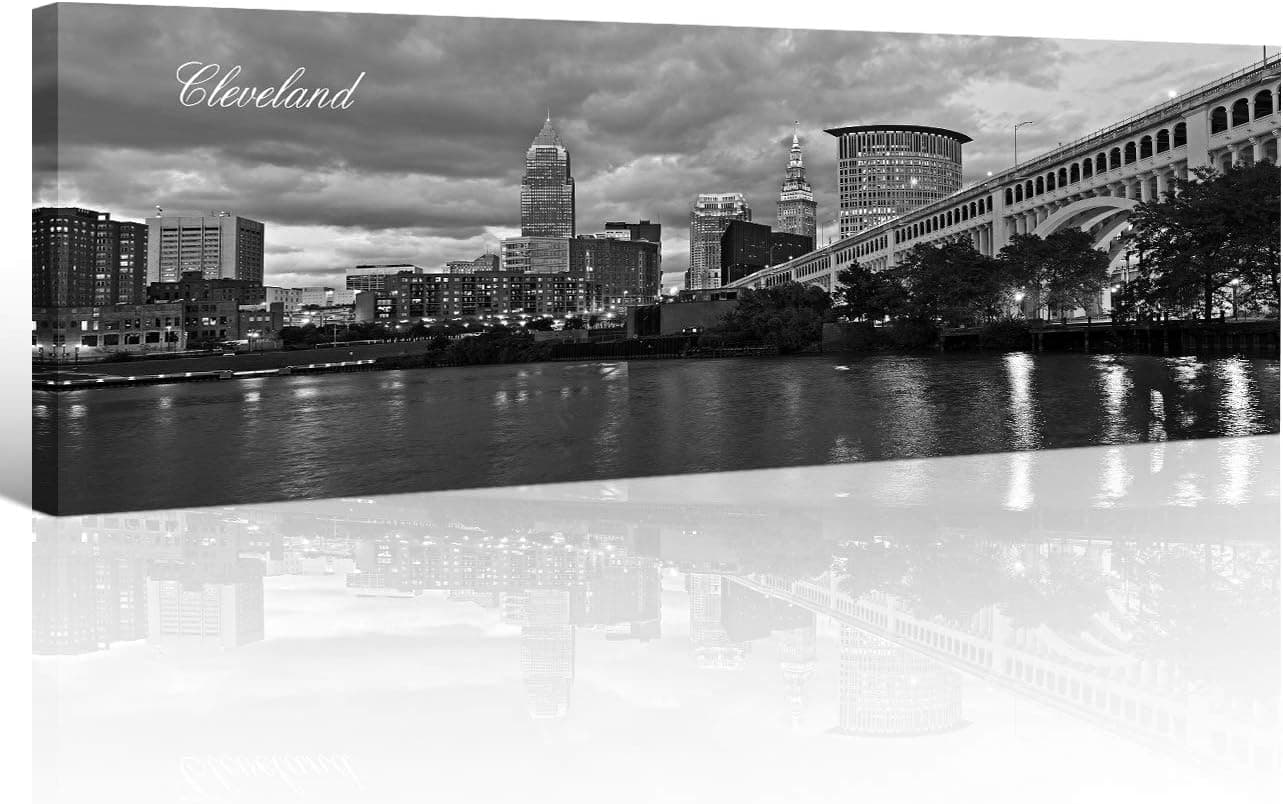 TUMOVO Cleveland Skyline Wall Art for Living Room Cityscape Canvas Modern Home Decor Panorama Pictures City Building House Decorations Skyscraper Artwork Black and White Posters and Prints 12x46 Inch